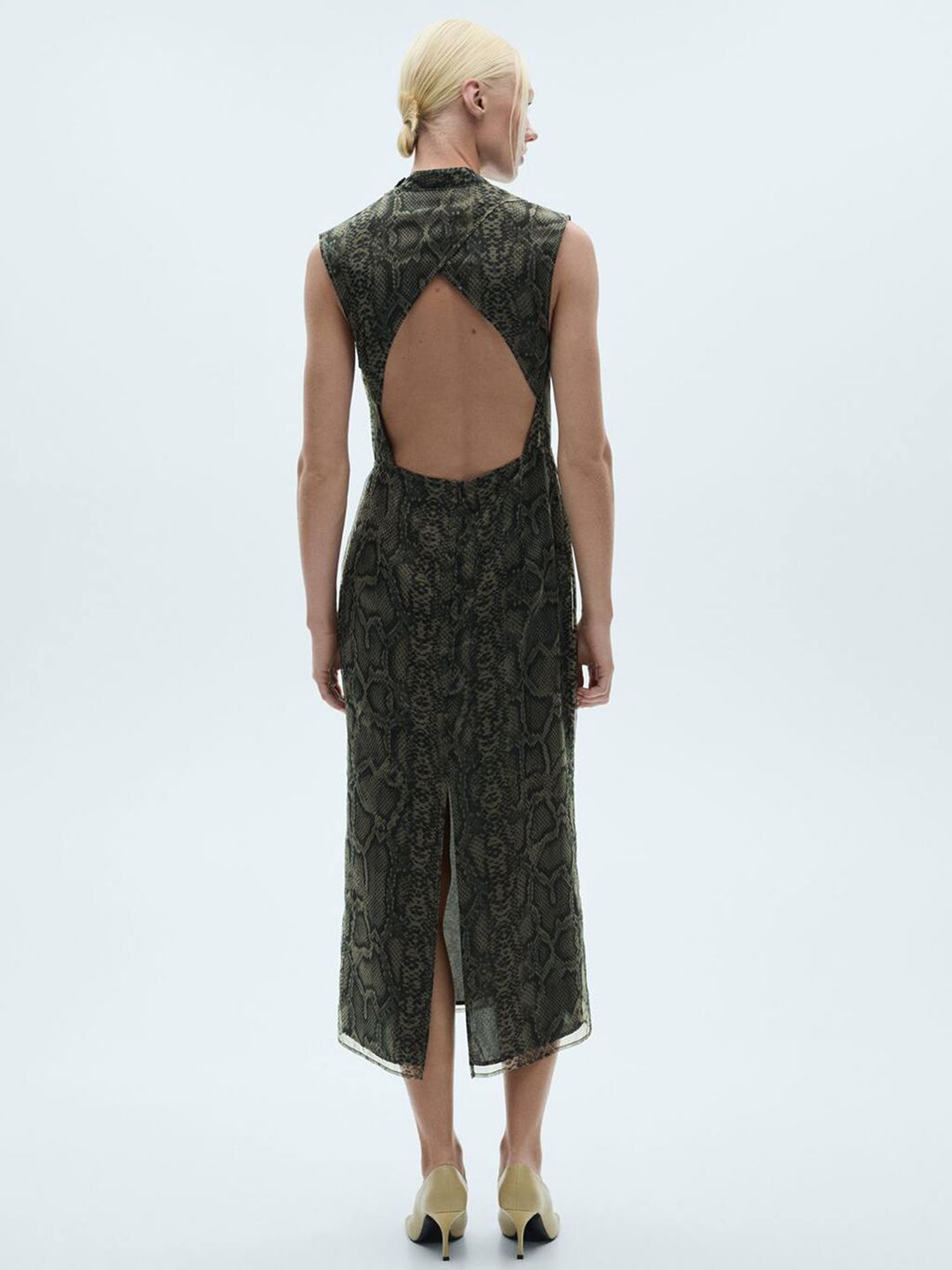 Animal Skin Printed Styled Back Bodycon Midi Dress