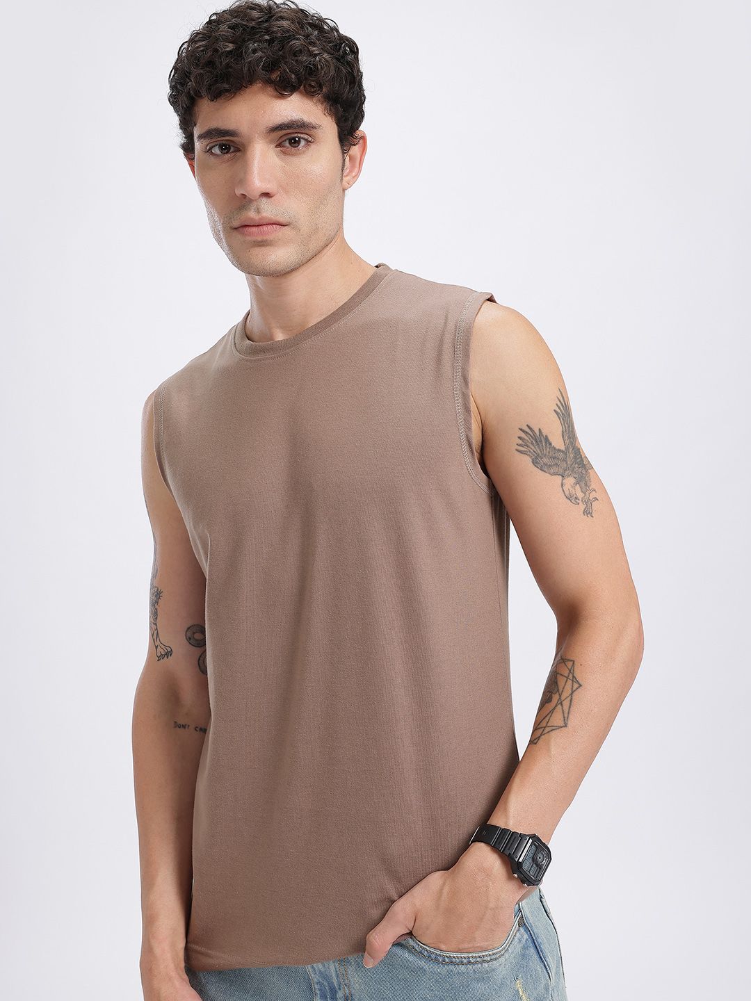 glitchez Solid Round Neck Sleeveless T-shirt