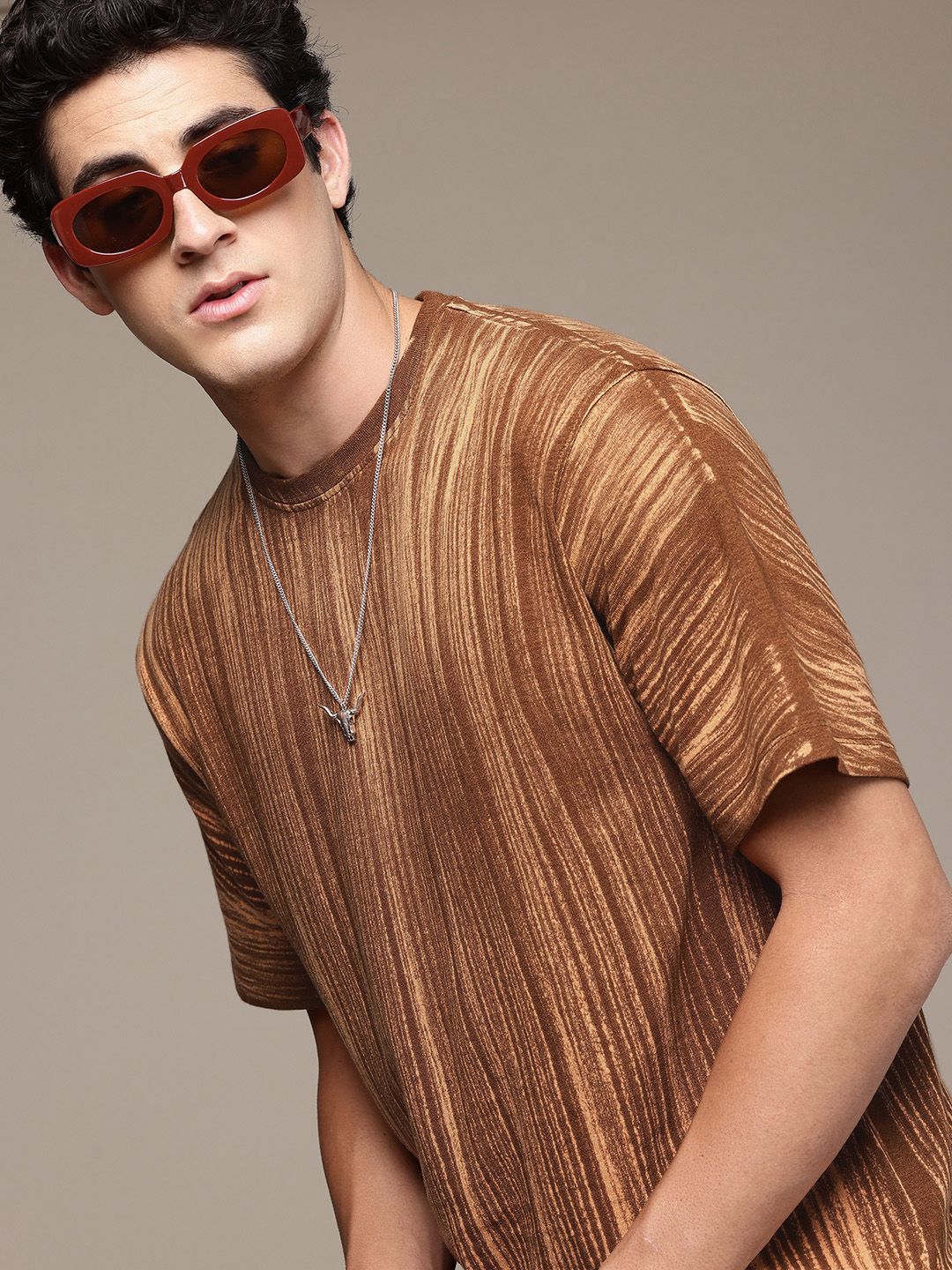 R.Code by The Roadster Life Co. Men Tie and Dye Stripe Printed Relaxed Fit T-shirt