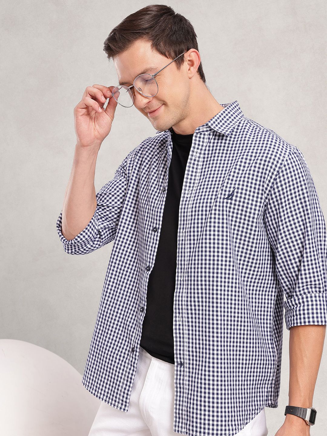 Nautica Men Premium Slim Fit Checked Pure Cotton Casual Shirt