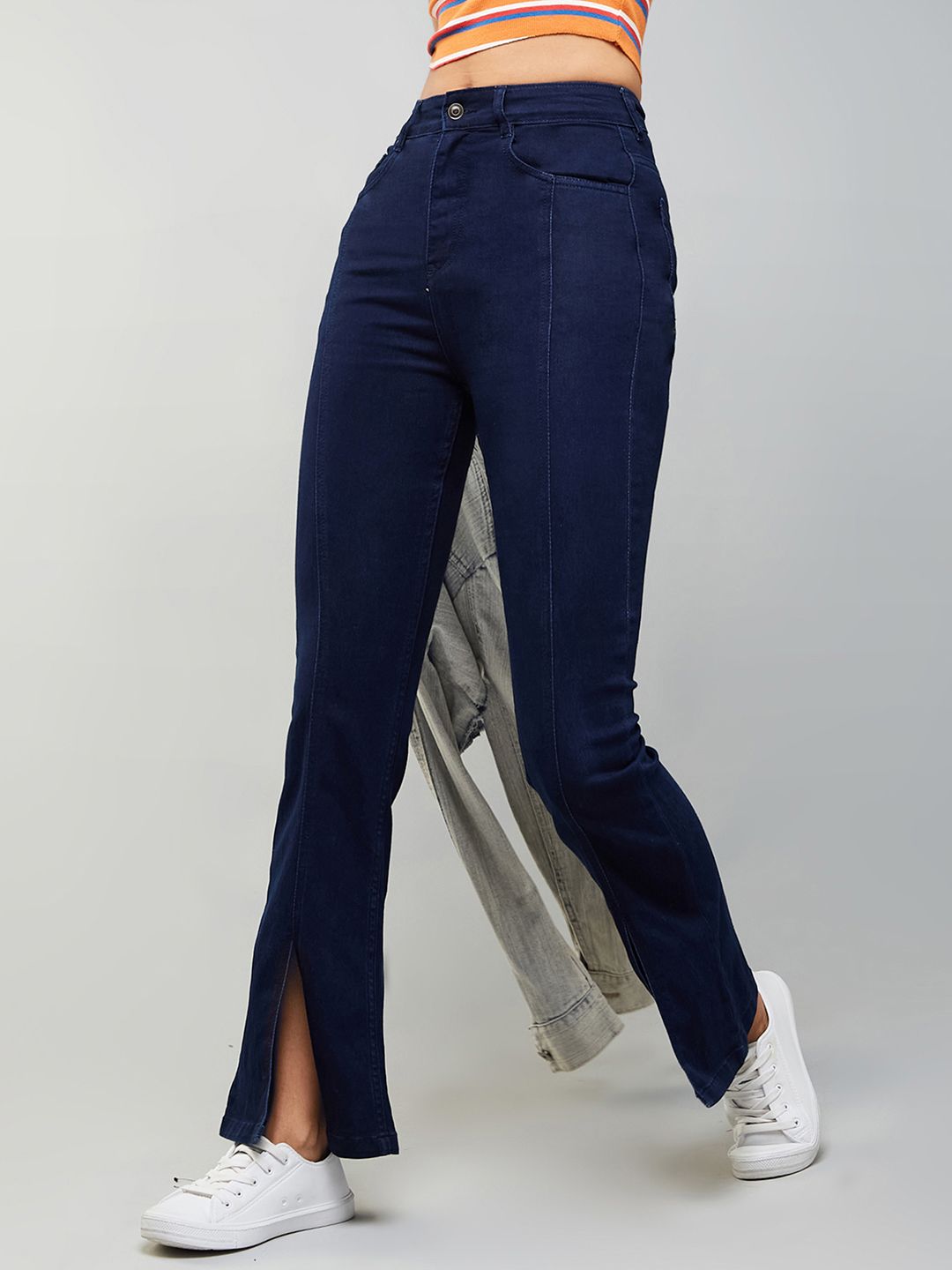 DOLCE CRUDO Women  Slitted Bootcut High-Rise Slash Knee Stretchable Jeans