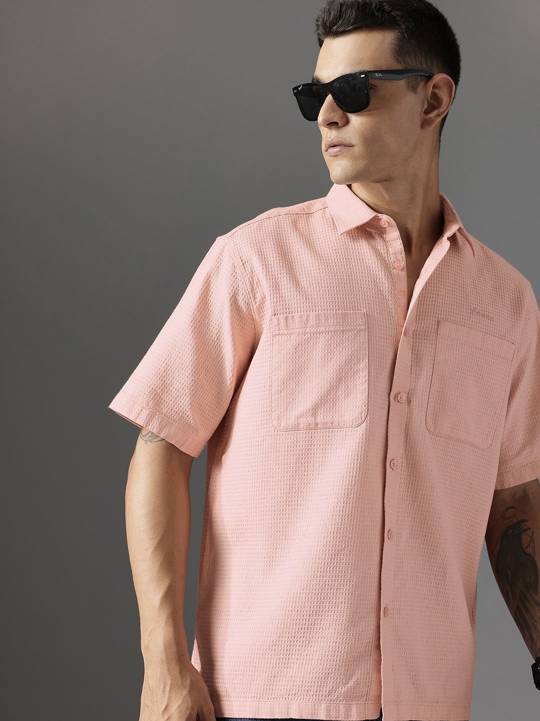 FCUK Self Design Textured Pure Cotton Casual Shirt