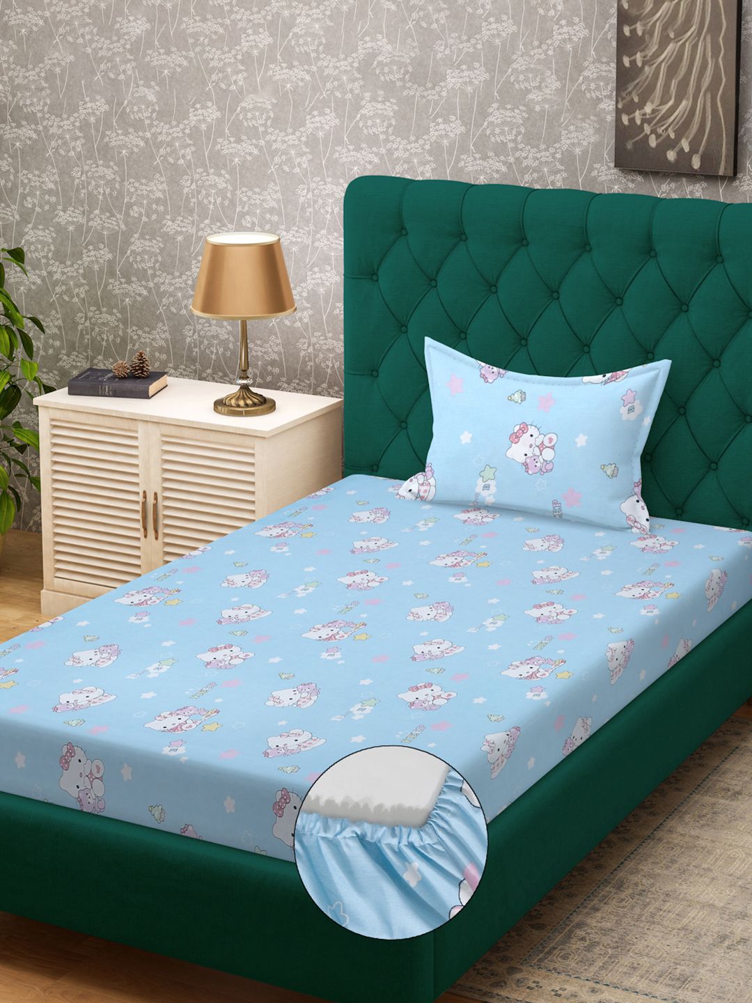 KLOTTHE Blue Cartoon Characters Cotton 400 TC Fitted Single Superfine Bedsheet with a Pillow Cover-89 x 59 inches