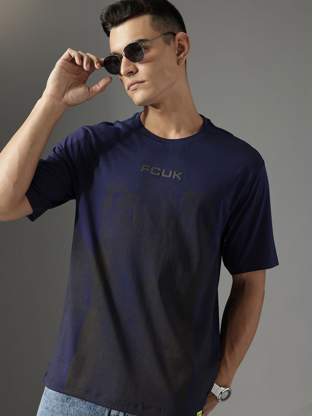 FCUK Printed Drop-Shoulder Sleeves Pure Cotton Relaxed Fit T-shirt