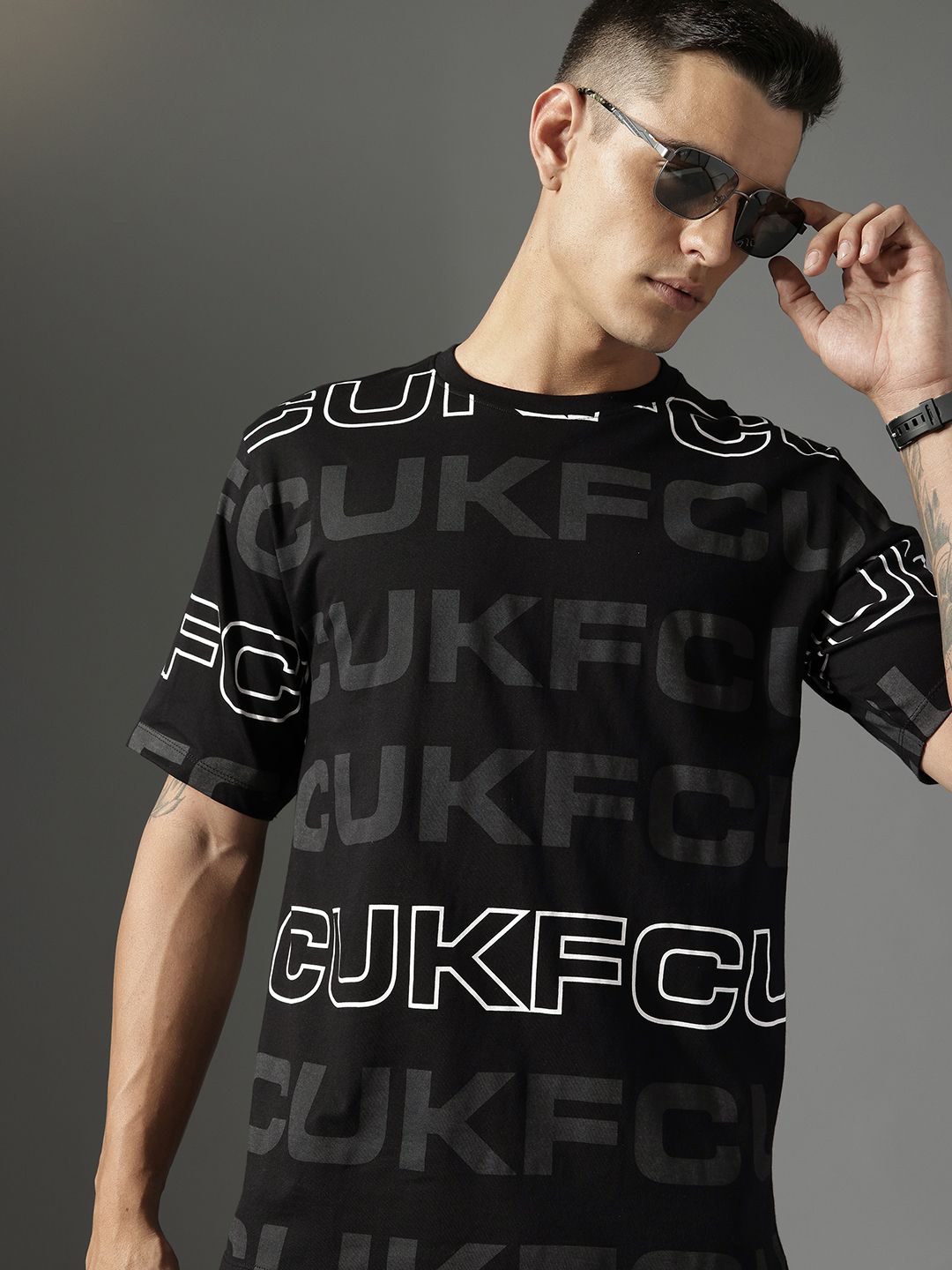 FCUK Brand Logo Printed Drop-Shoulder Sleeves Pure Cotton Relaxed Fit T-shirt
