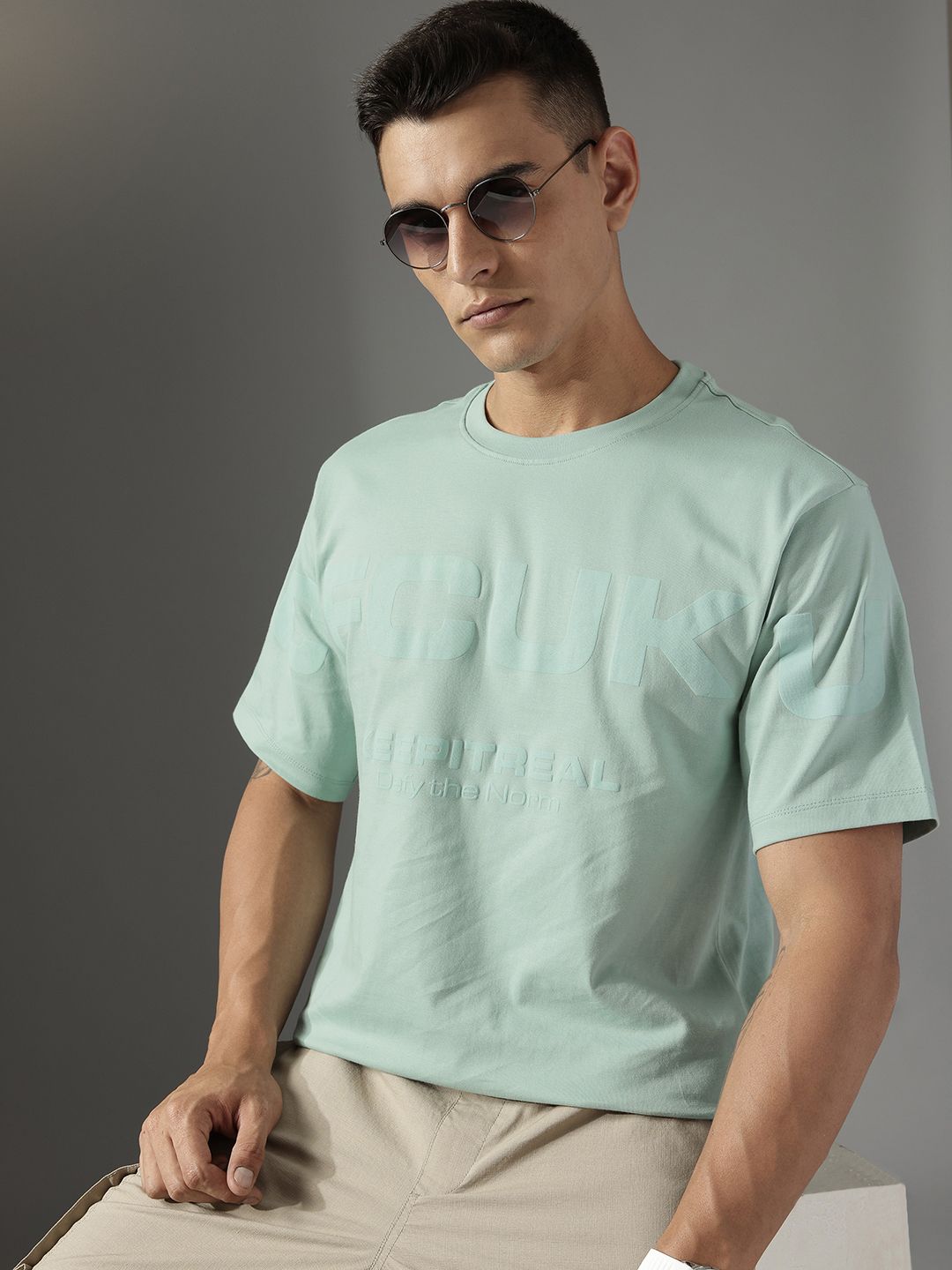 FCUK Brand Logo Printed Drop-Shoulder Sleeves Pure Cotton Relaxed T-shirt