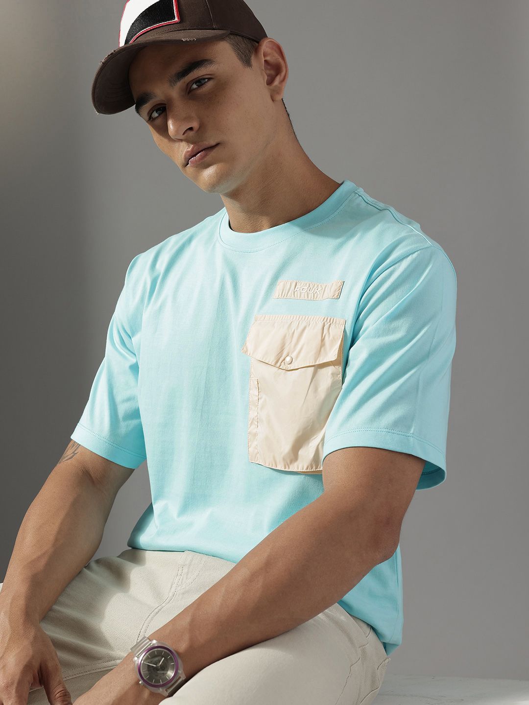 FCUK Drop-Shoulder Sleeves Pure Cotton Relaxed Fit Pocket T-shirt