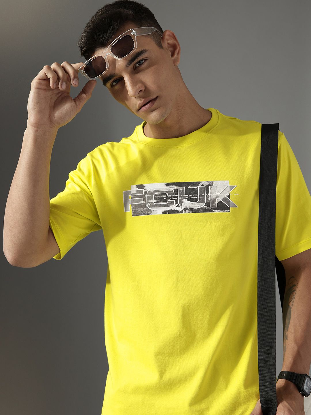 FCUK Brand Logo Printed Drop-Shoulder Sleeves Pure Cotton Relaxed Fit T-shirt