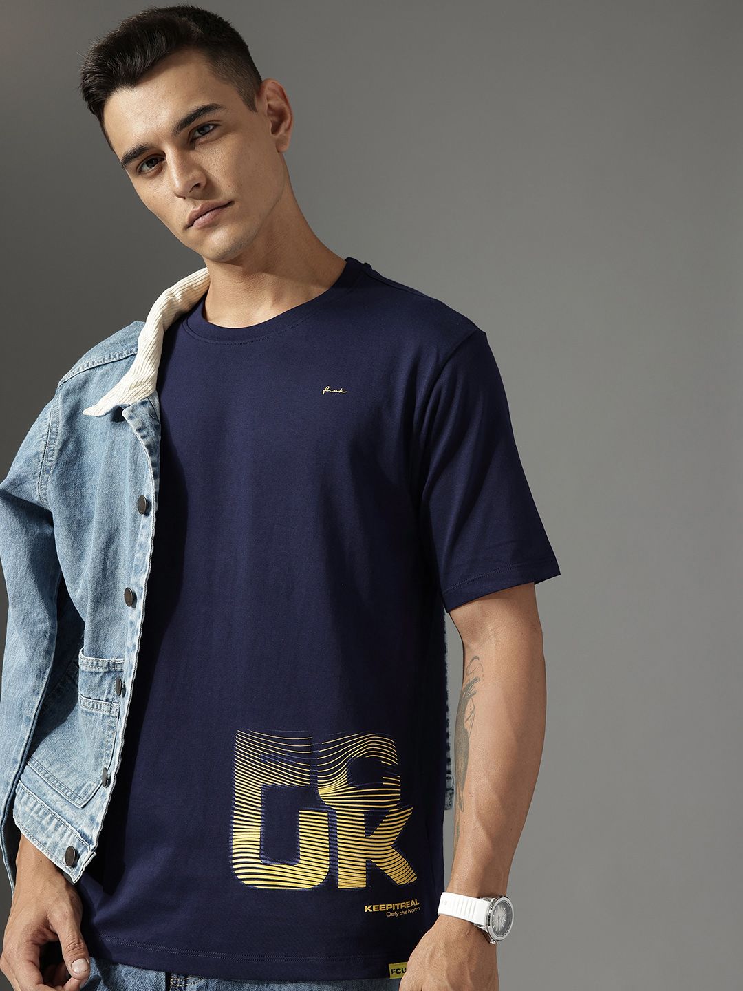 FCUK Brand Logo Printed Drop-Shoulder Sleeves Pure Cotton Relaxed Fit T-shirt