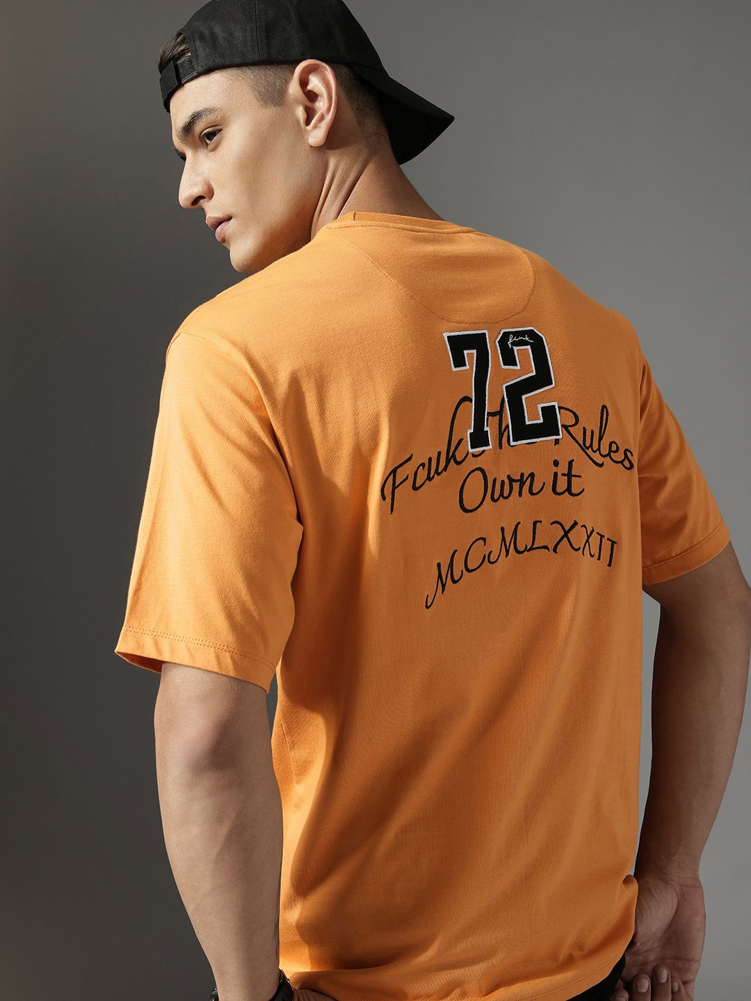 FCUK Varsity Embroidered Drop-Shoulder Sleeves Pure Cotton Relaxed Fit T-shirt