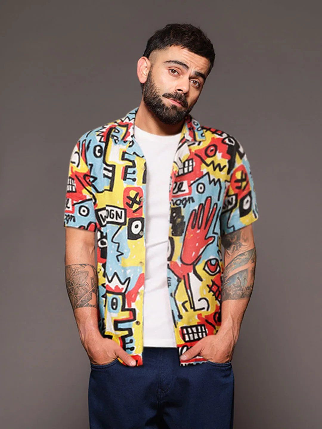 WROGN Men Comfort Fit Cuban Collar Graphic Printed Casual Shirt