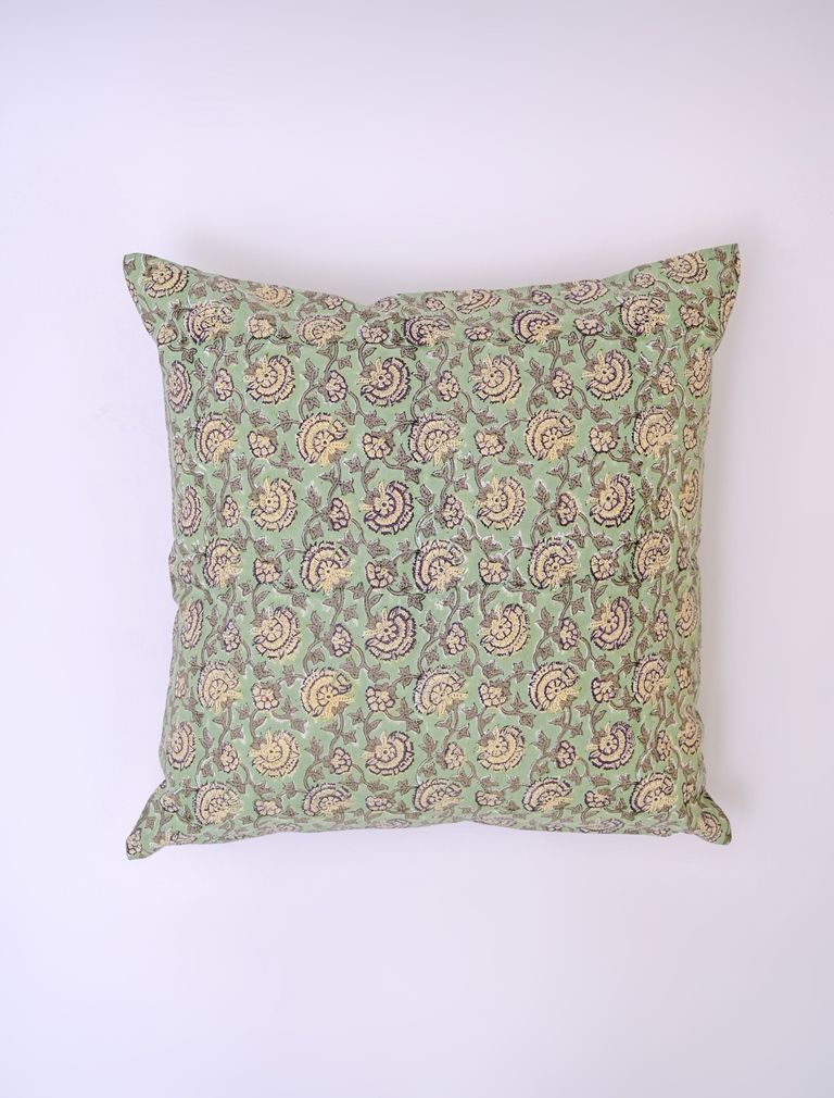 Block N Style Acantha Green & Beige Floral Printed Square Cotton Cushion Covers