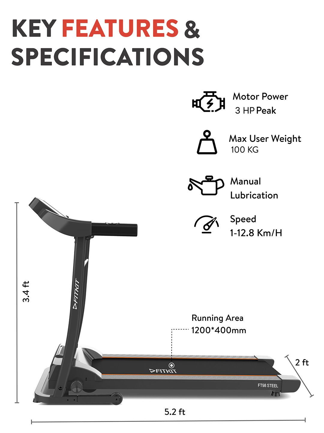 Buy FITKIT By Cult FT98 Steel 3HP Peak Motorized Treadmill With