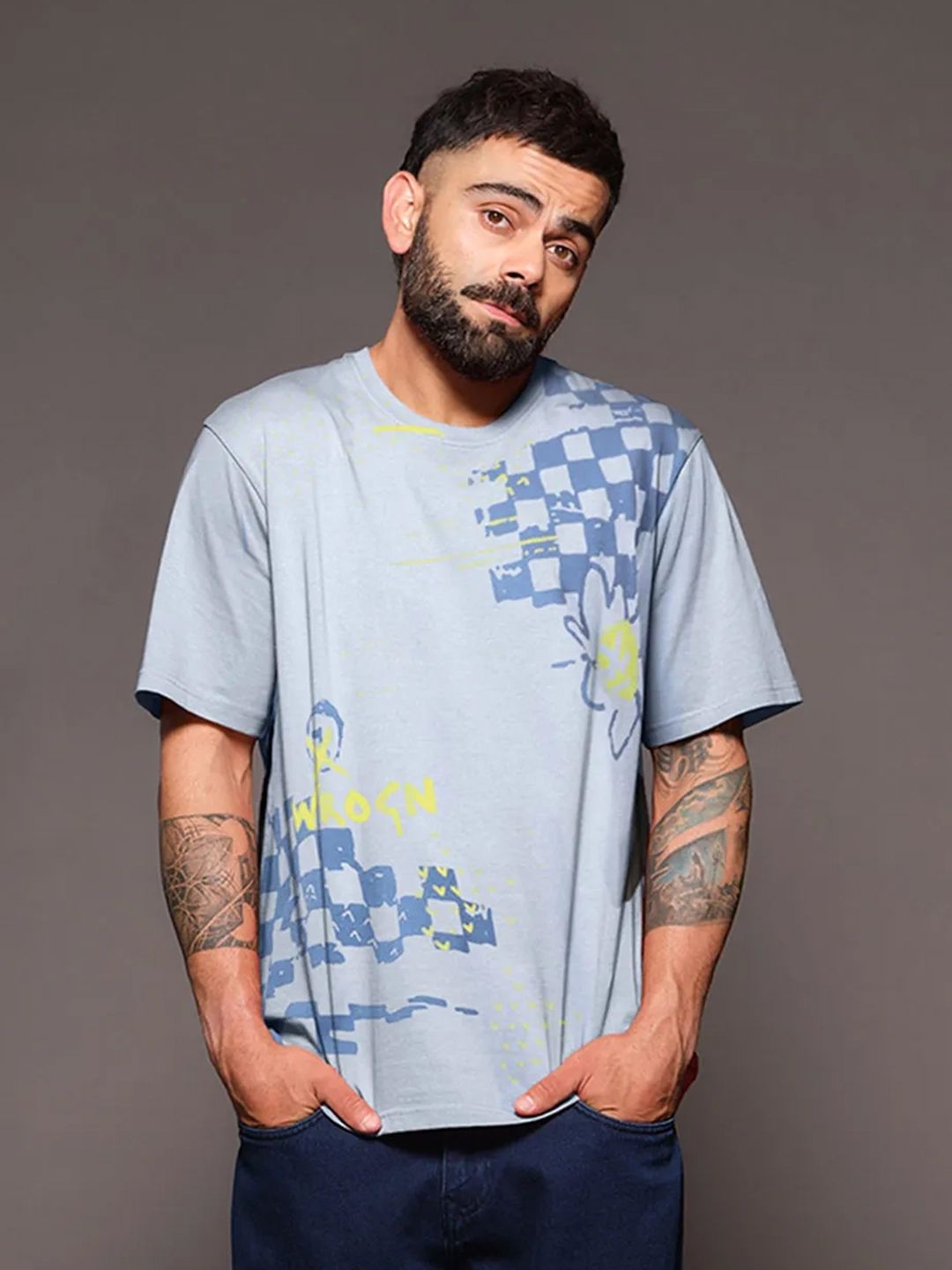 WROGN Men Graphic Printed Round Neck Cotton Oversized T-shirt