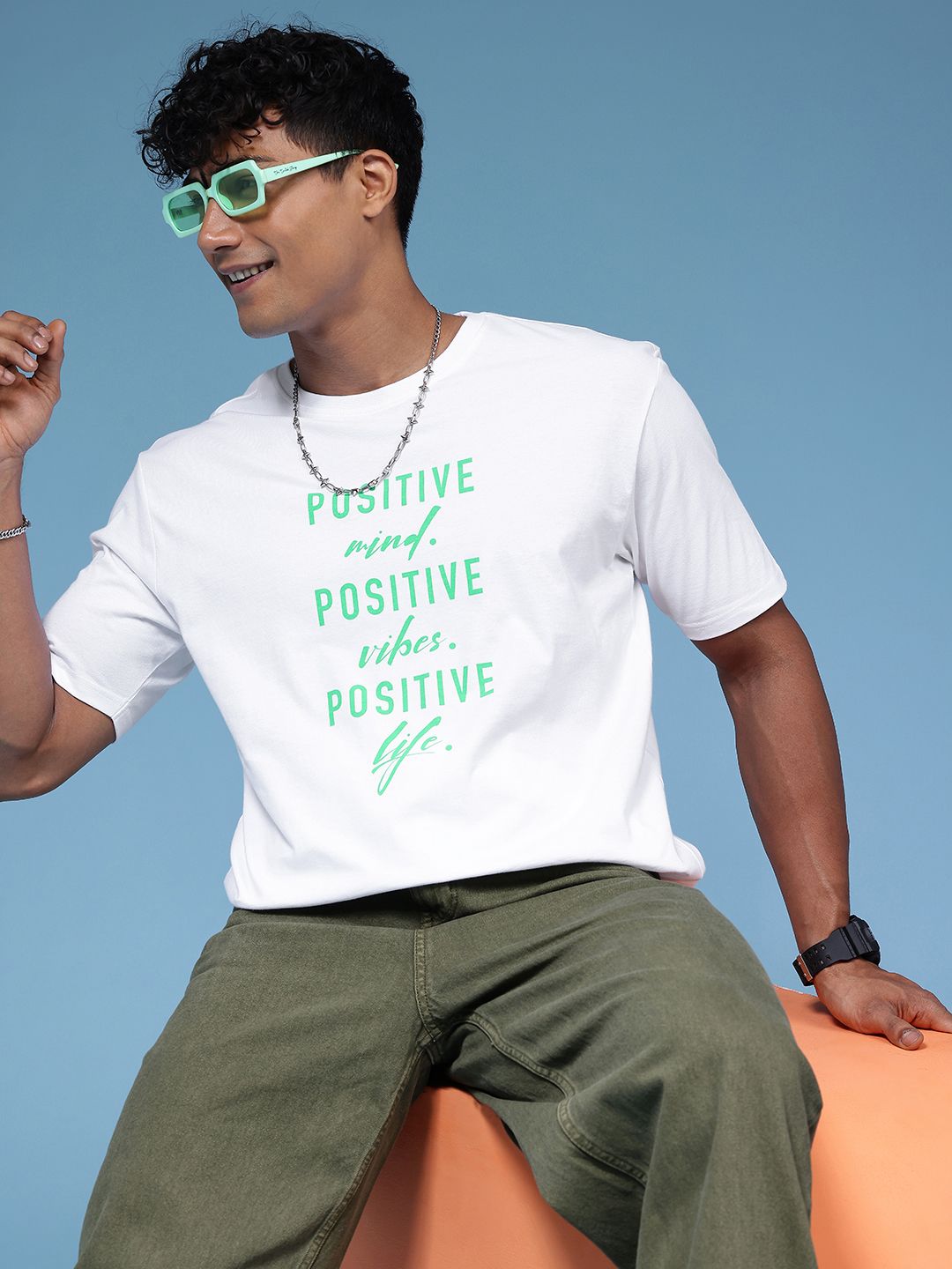 HERE&NOW Pure Cotton Typography Printed Relaxed Fit T-shirt