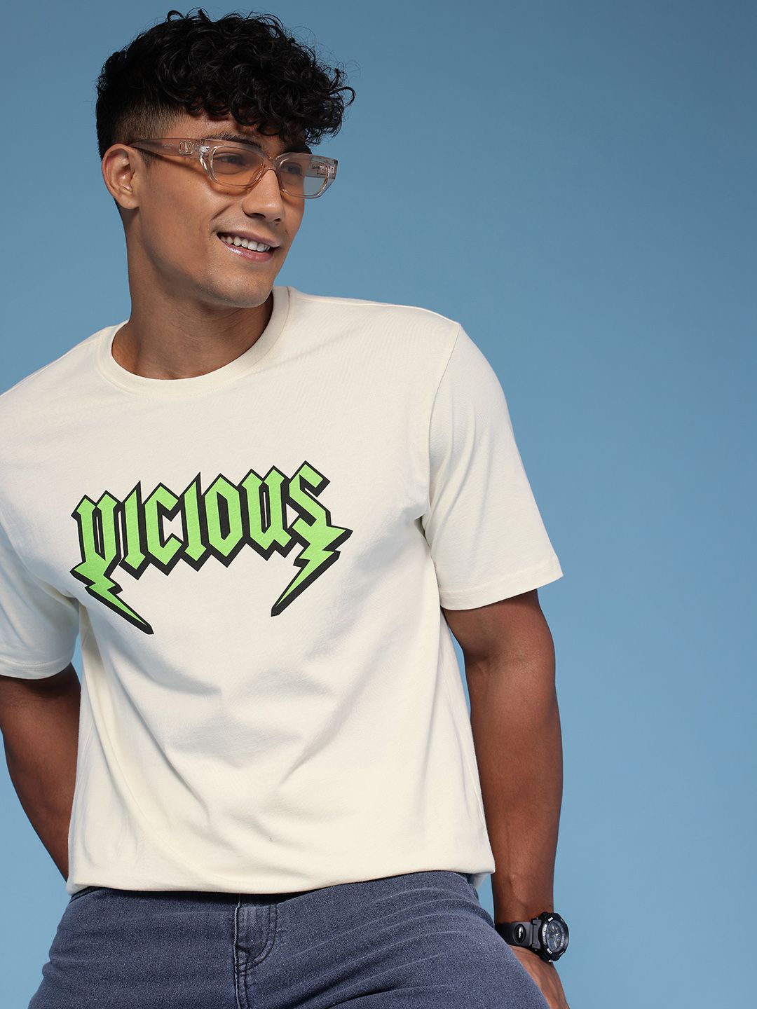 HERE&NOW Typography Printed Drop-Shoulder Sleeves Pure Cotton Relaxed Fit T-shirt