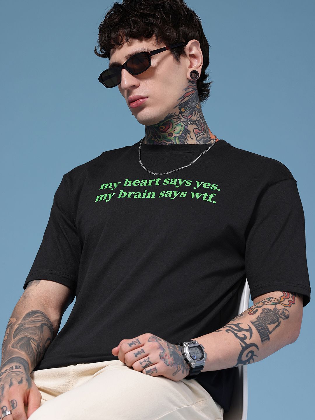 HERE&NOW Men Typography Printed Drop-Shoulder Sleeves T-shirt