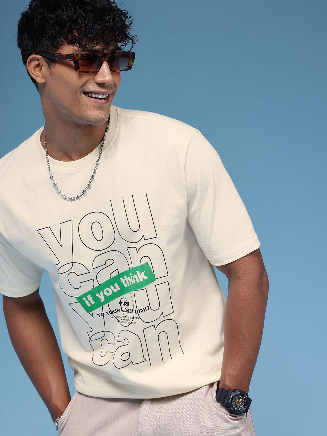 HERE&NOW Pure Cotton Typography Printed Relaxed Fit T-shirt