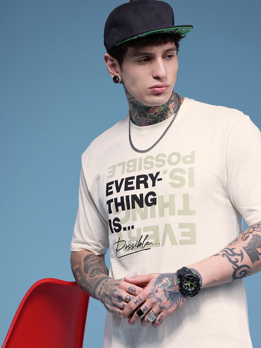 HERE&NOW Typography Printed Drop-Shoulder Sleeves Pure Cotton Relaxed Fit T-shirt