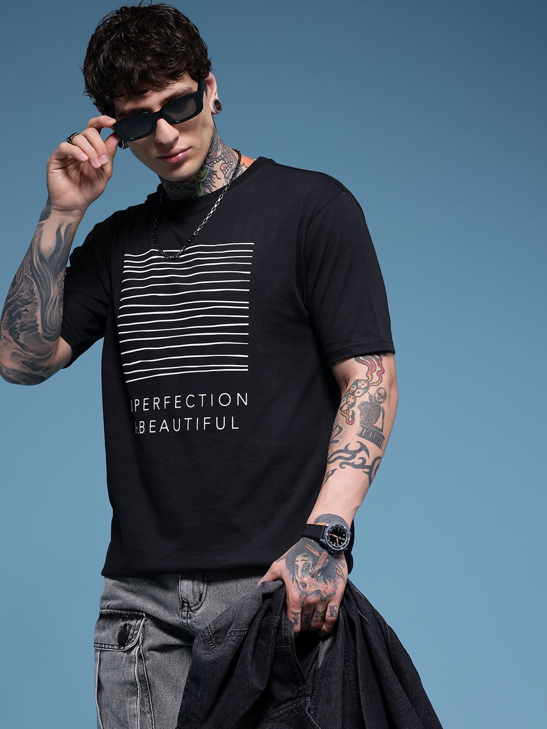 HERE&NOW Pure Cotton Typography Printed Drop-Shoulder Sleeves Relaxed Fit T-shirt
