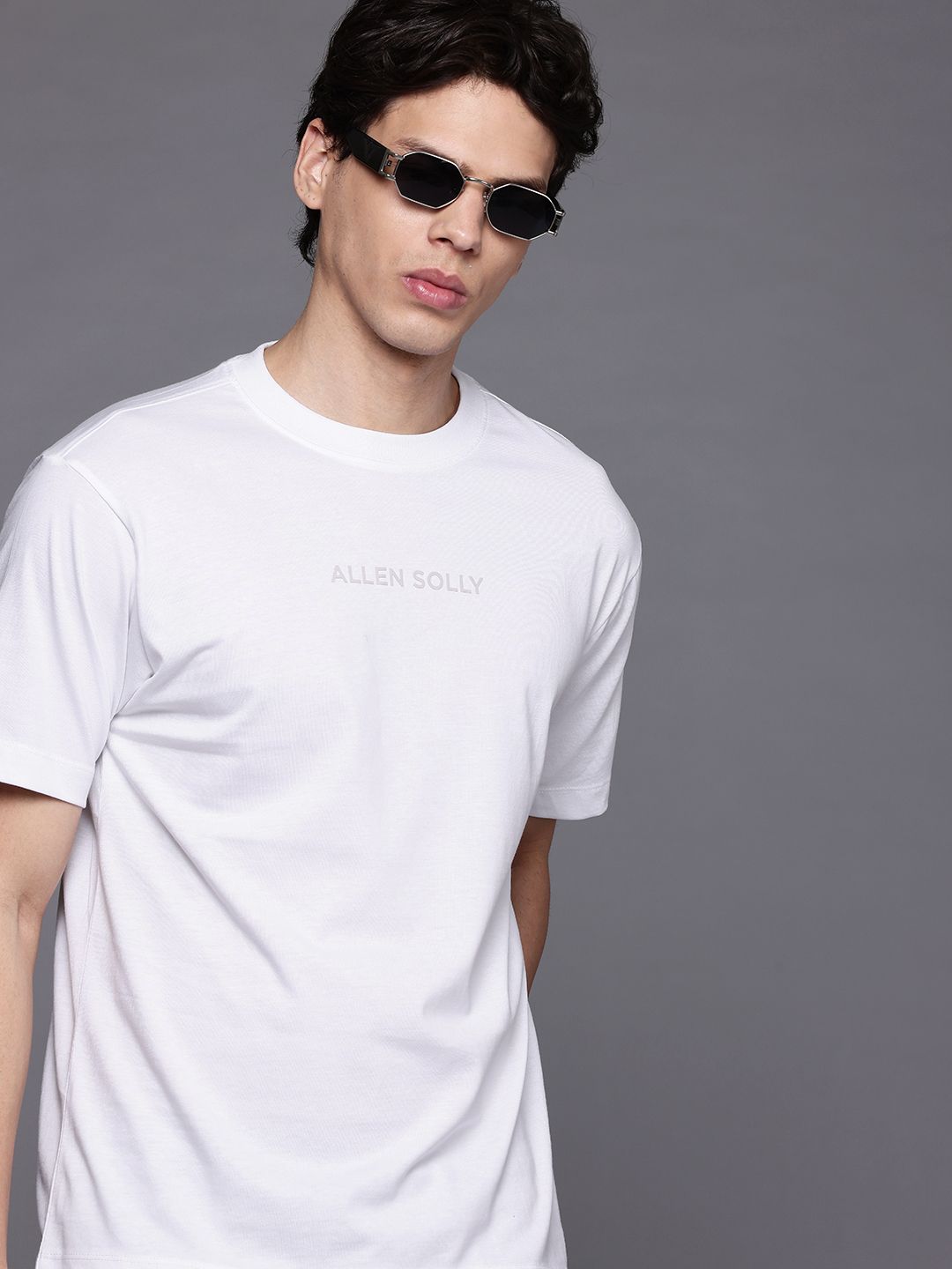 Allen Solly Brand Logo Drop-Shoulder Sleeves Pure Cotton Relaxed Fit T-shirt