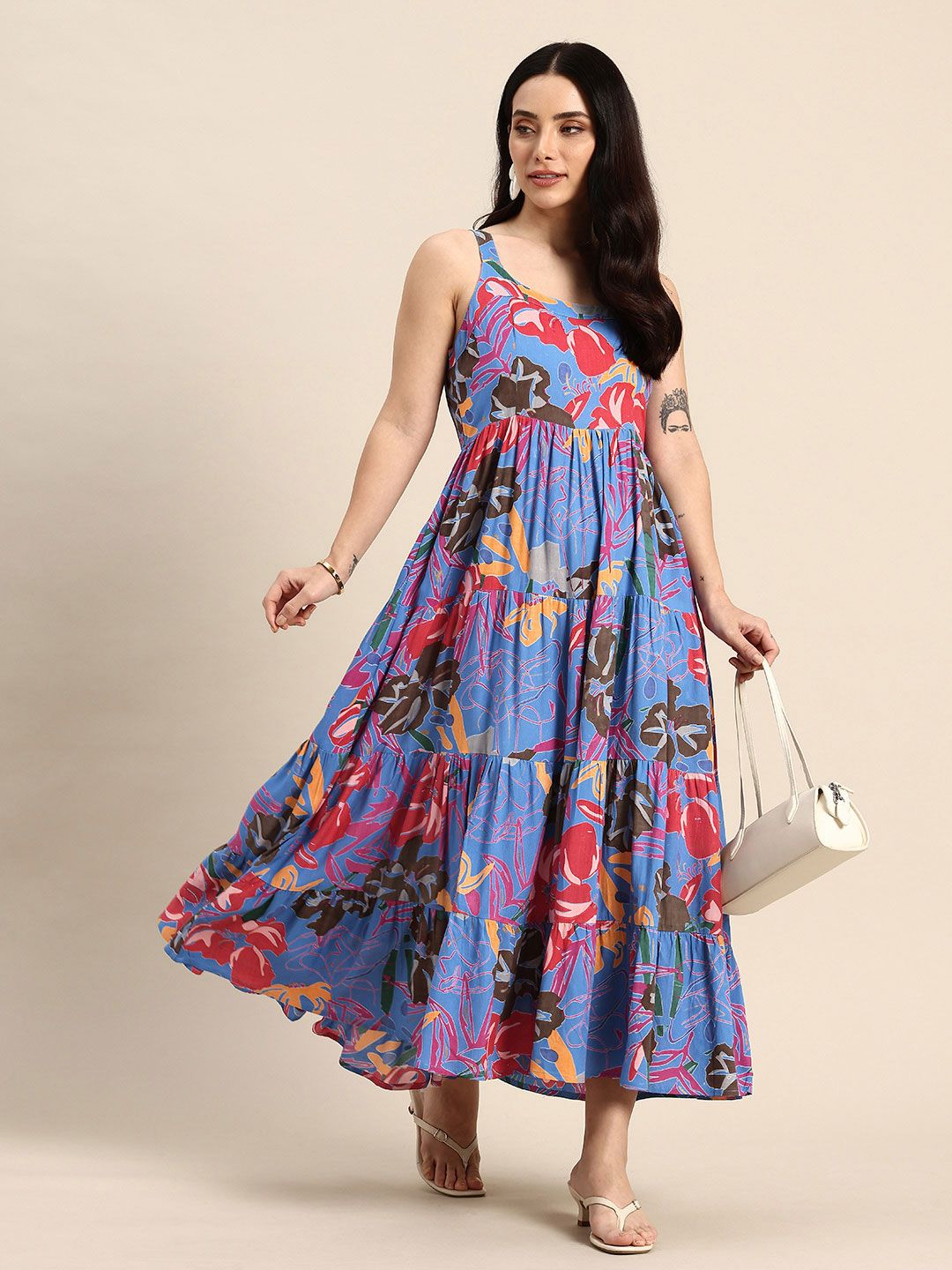 A&K Floral Printed Round Neck Tiered Fit & Flare Midi Ethnic Dress