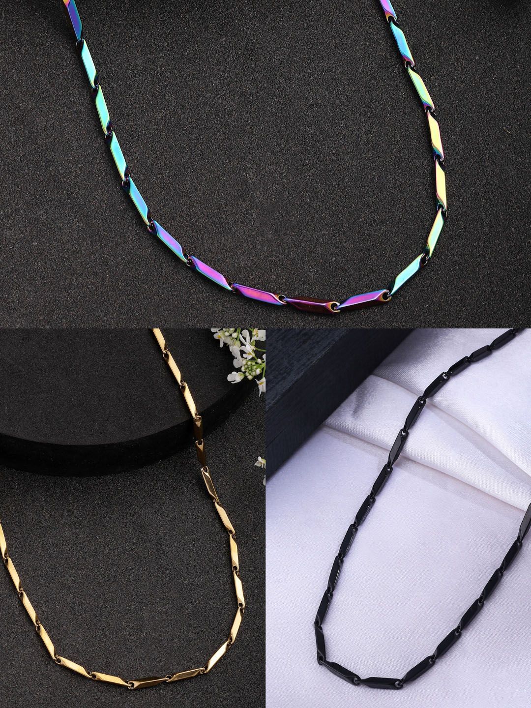 NVR Men Set of 3 Gold-Plated Stainless Steel Trendy Stylish Chains