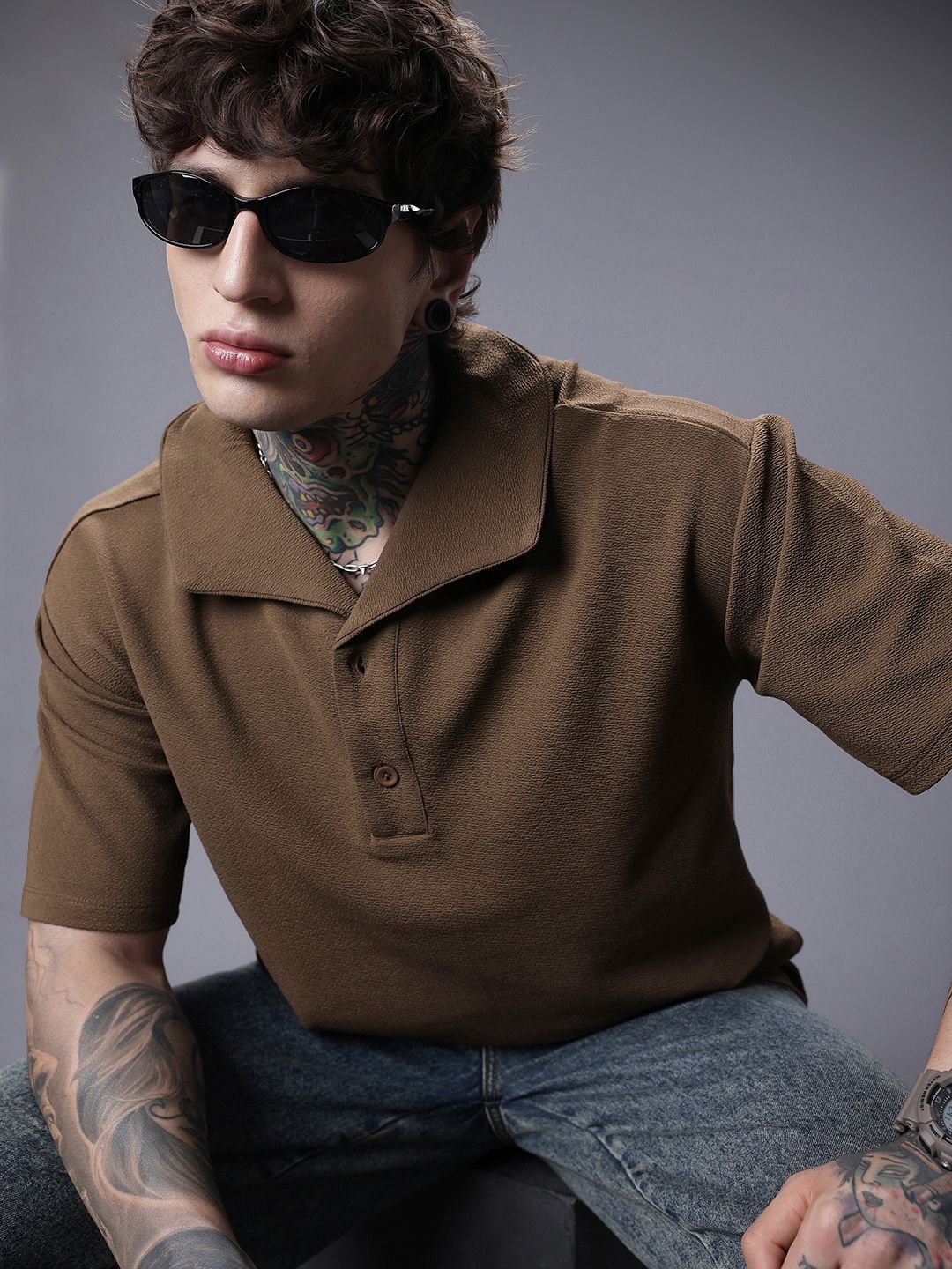 SOKO STREET Polo Collar Drop-Shoulder Sleeves Oversized T-shirt