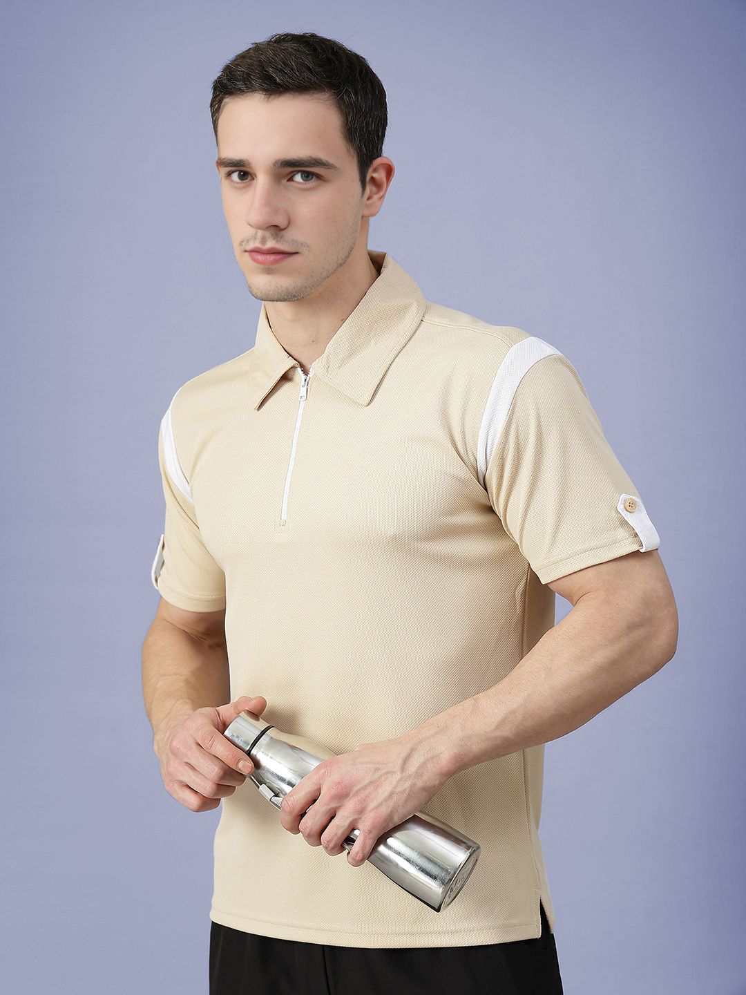CHKOKKO Men Polo Neck Regular Fit Short Sleeves Gym Sports Zipper Tshirt