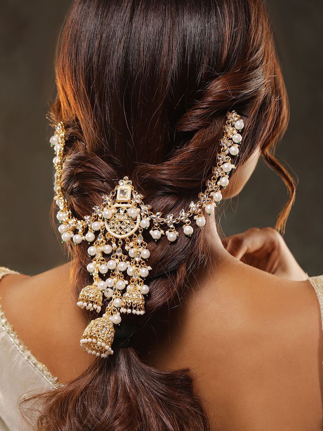 Rubans 22K Gold Plated Kundan & Pearl Beaded Hair Accessory with Jhumka Detail