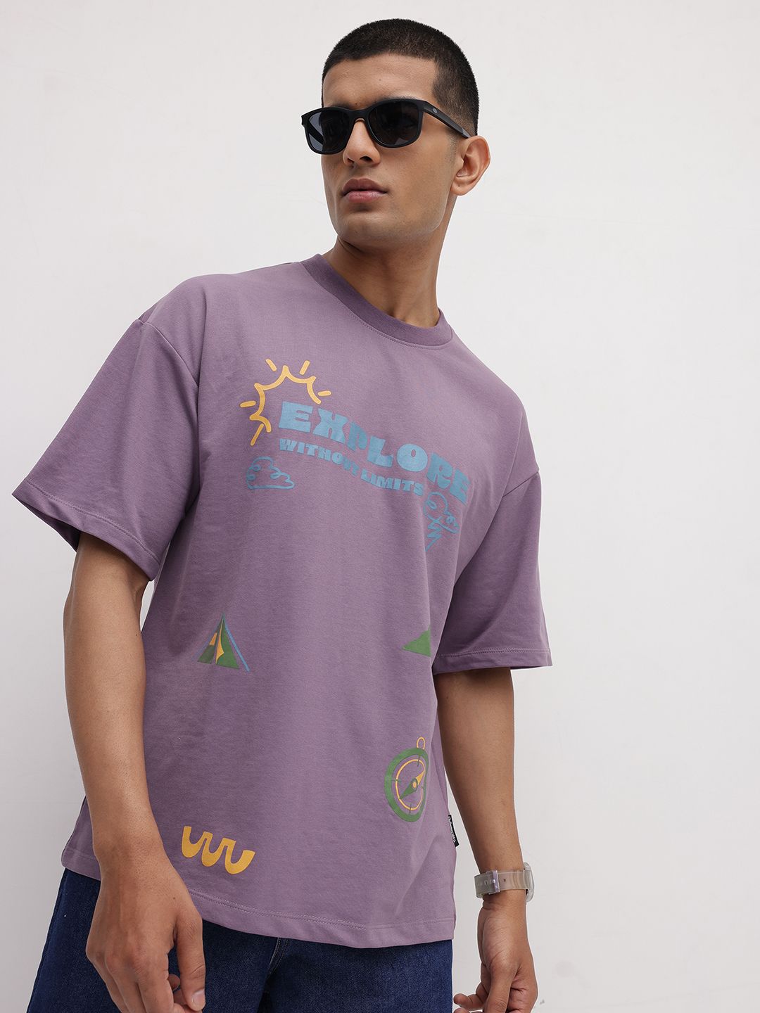 The Roadster Life Co. Typography Printed Drop-Shoulder Sleeves Oversized T-shirt