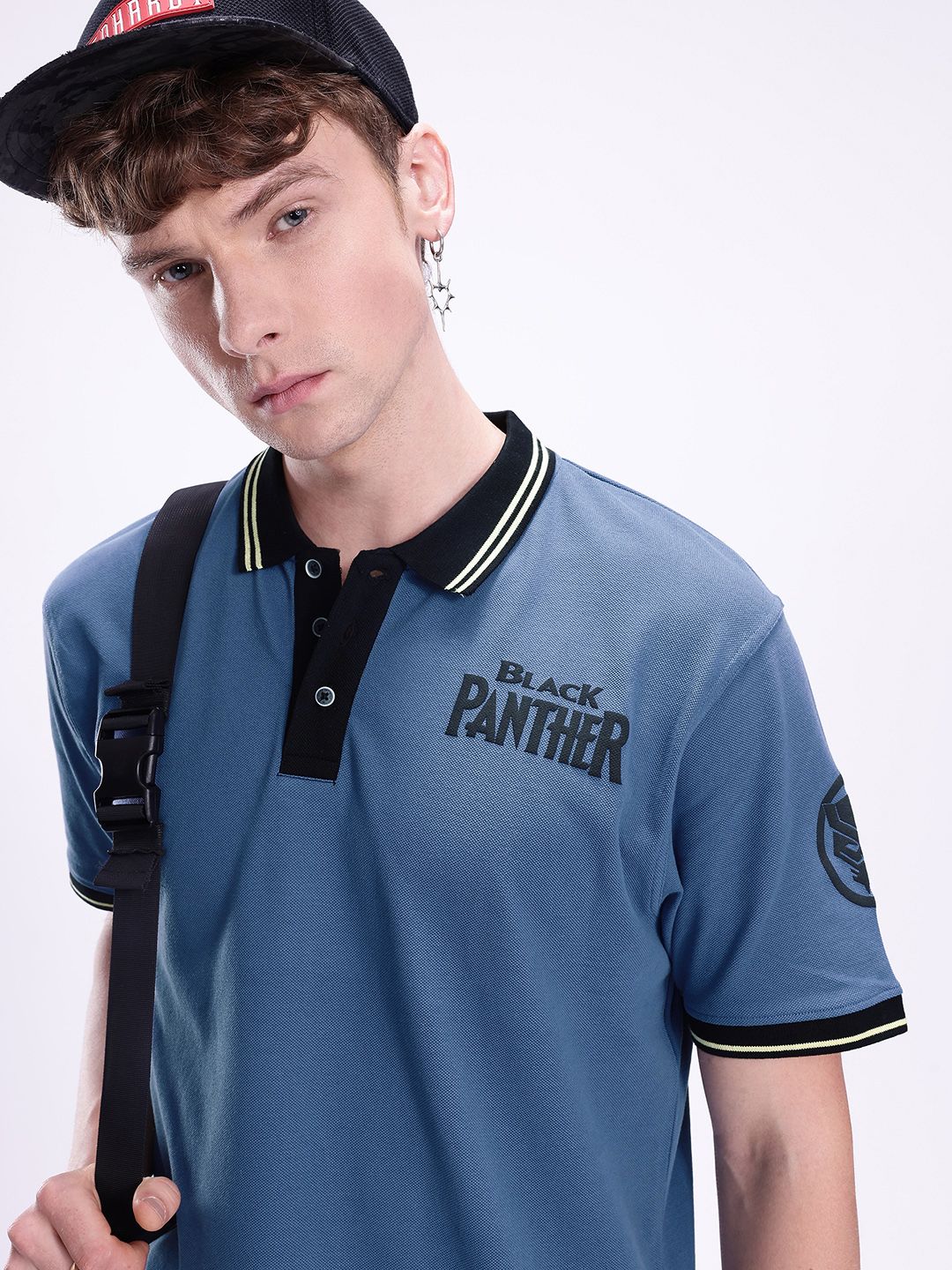 Kook N Keech Marvel Men Black Panther Printed Polo Collar Oversized Pure Cotton T-shirt