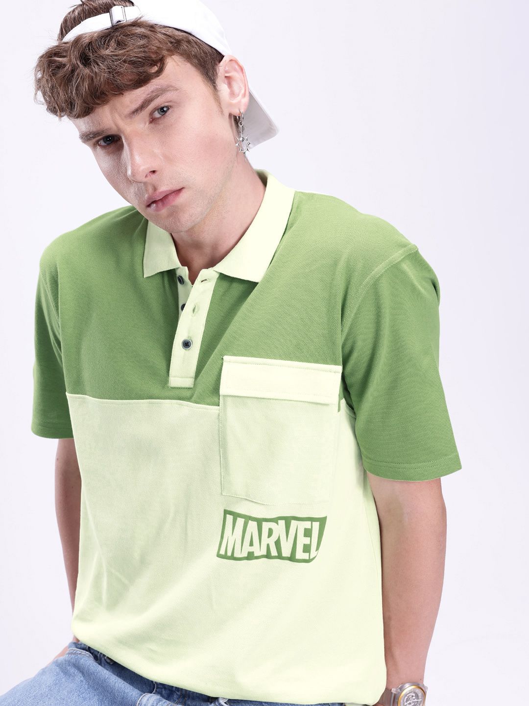Kook N Keech Marvel Men Colourblocked Polo Collar Oversized T-shirt