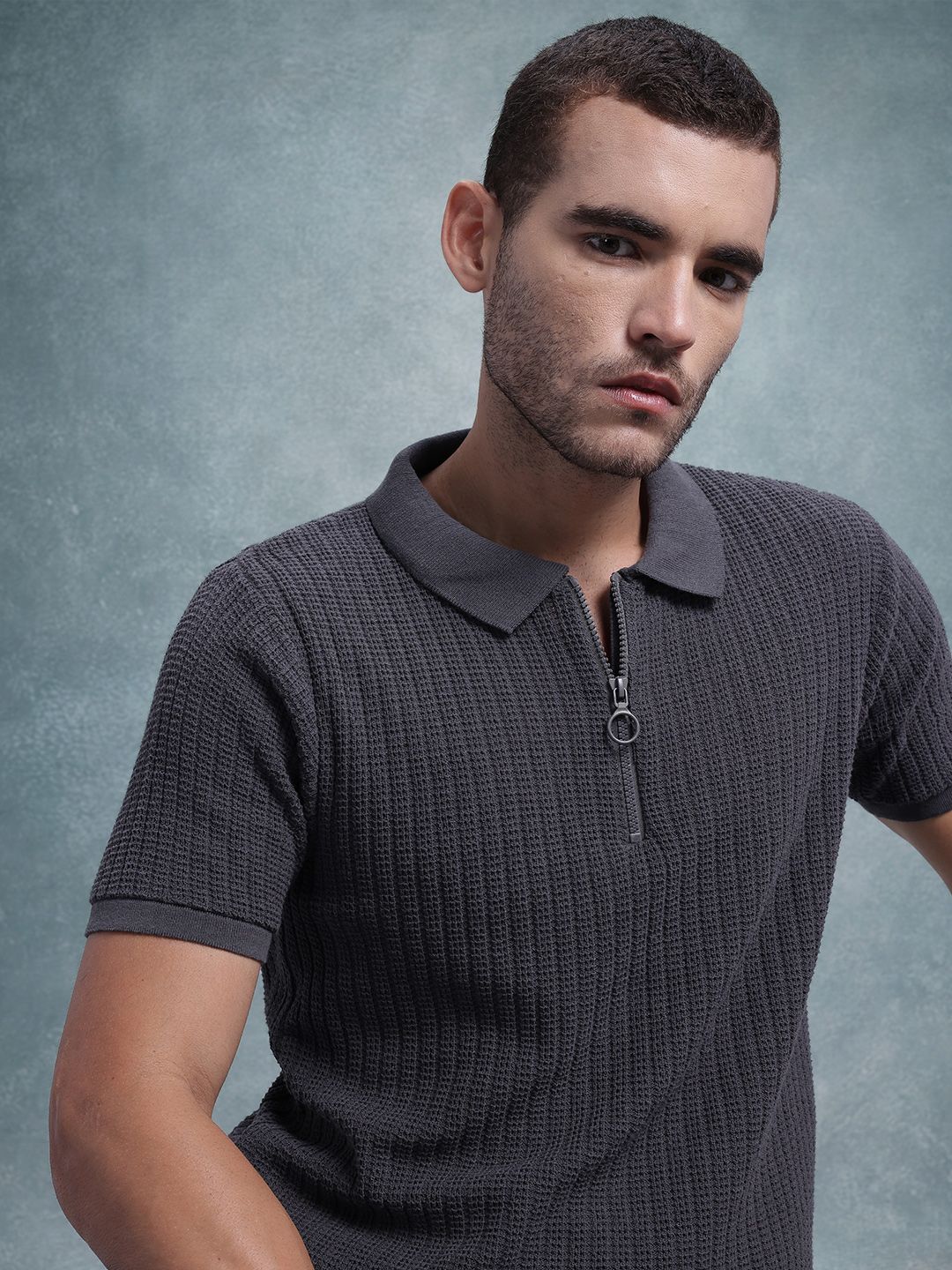 The Roadster Lifestyle Co. Men Textured Polo Collar Pure Cotton T-shirt