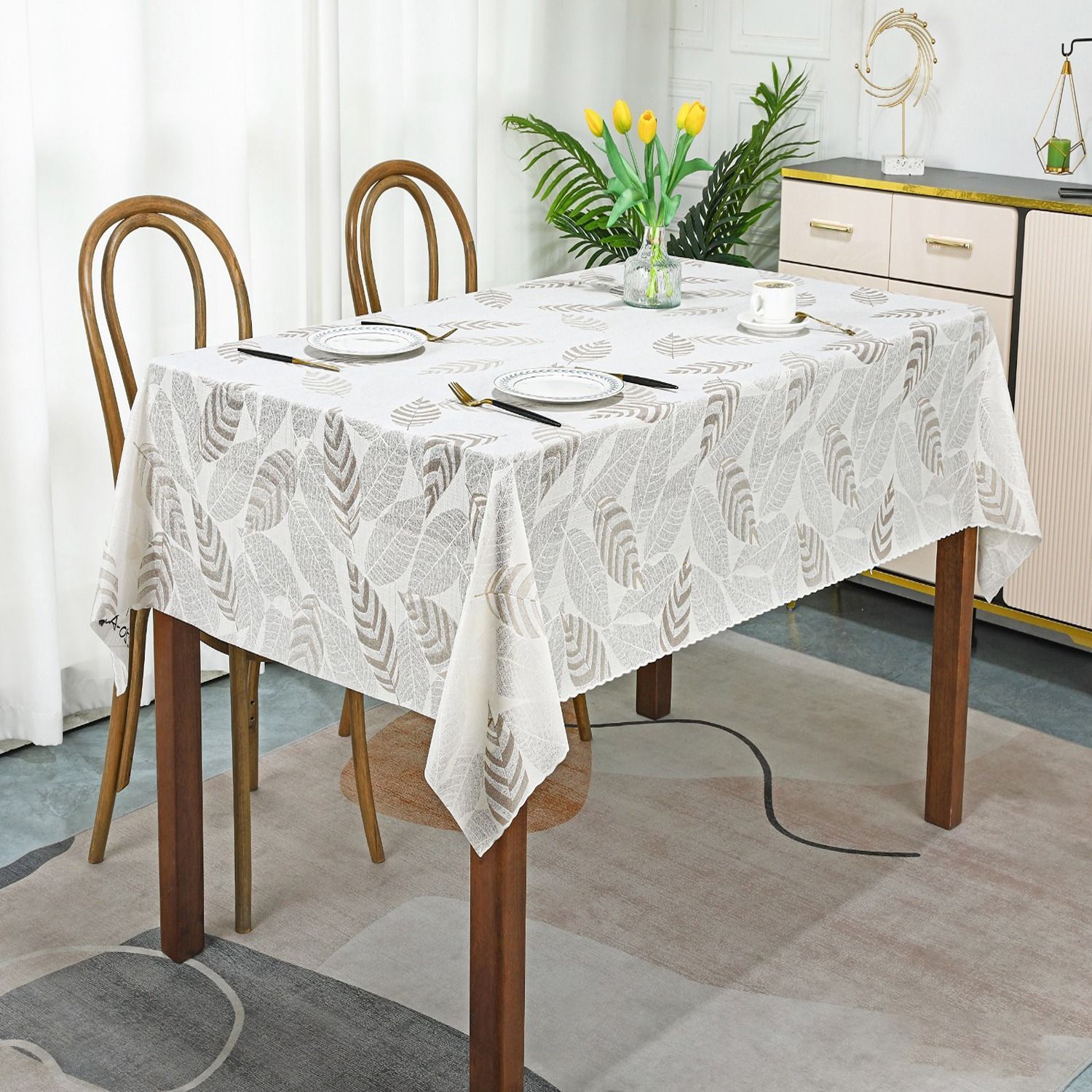 Dakshya Industries White Floral Waterproof Plastic 6-Seater Table Cover