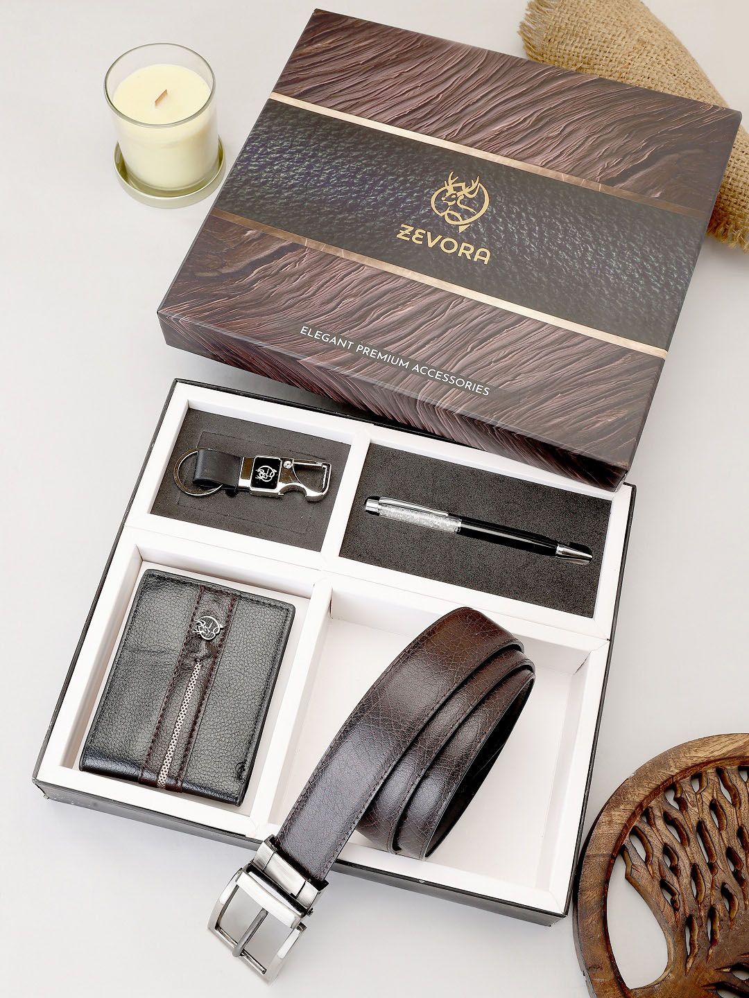 ZEVORA Men Reversiable Brown & Black Belt With Wallet, Keychain and Pen Gift Set