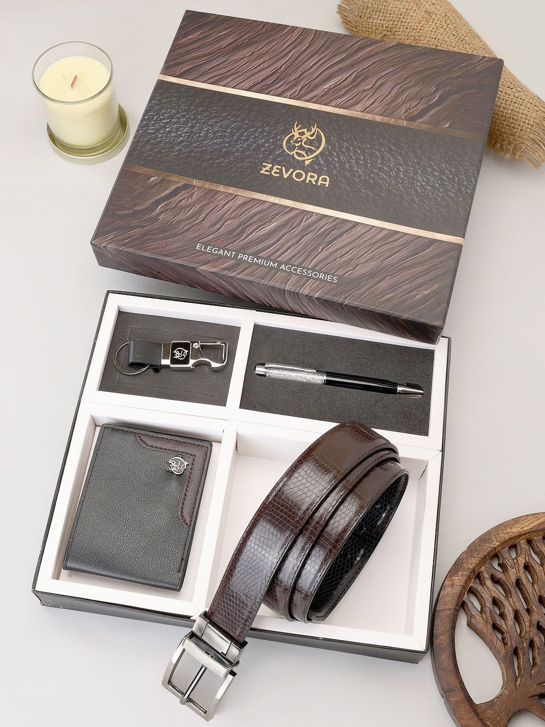 ZEVORA Men Reversiable Brown & Black Belt With Wallet, Keychain and Pen Gift Set