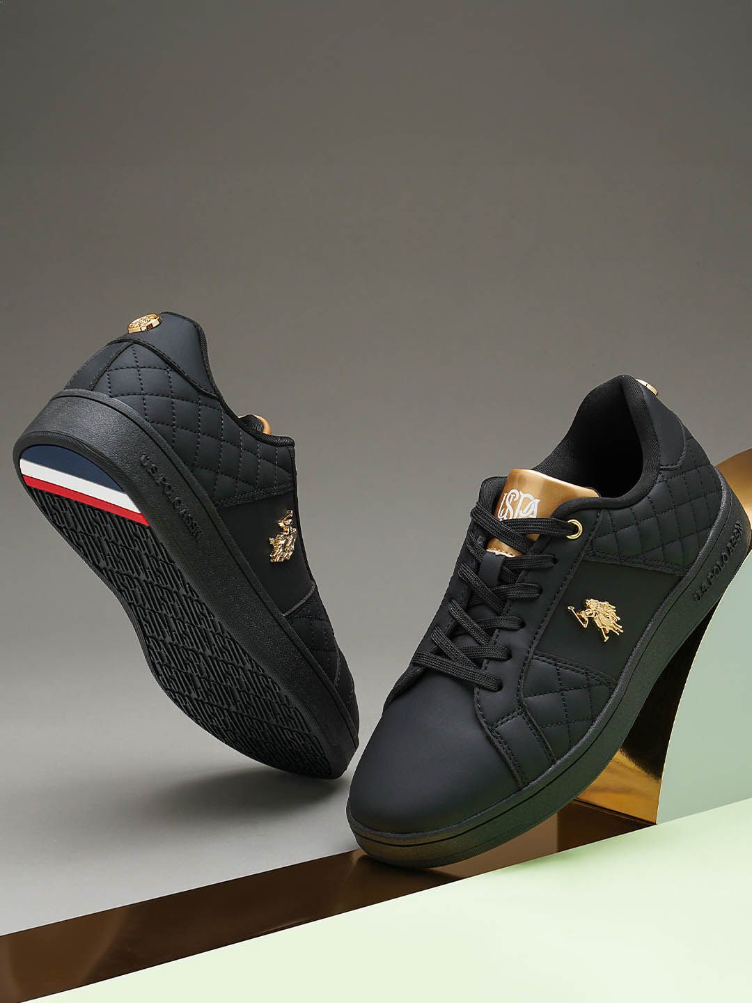 Round Toe PU Sneakers U.S. Polo Assn. Women Simone 3.0 Black Sneakers Shoes With Quilting Detail