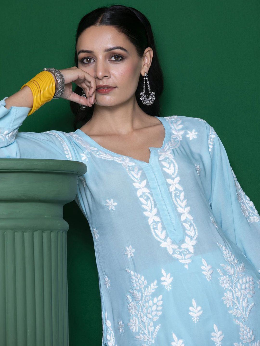Chikankari Kurta Set House of Chikankari Women Blue Modal Chikankari Embroidered Kurta Set