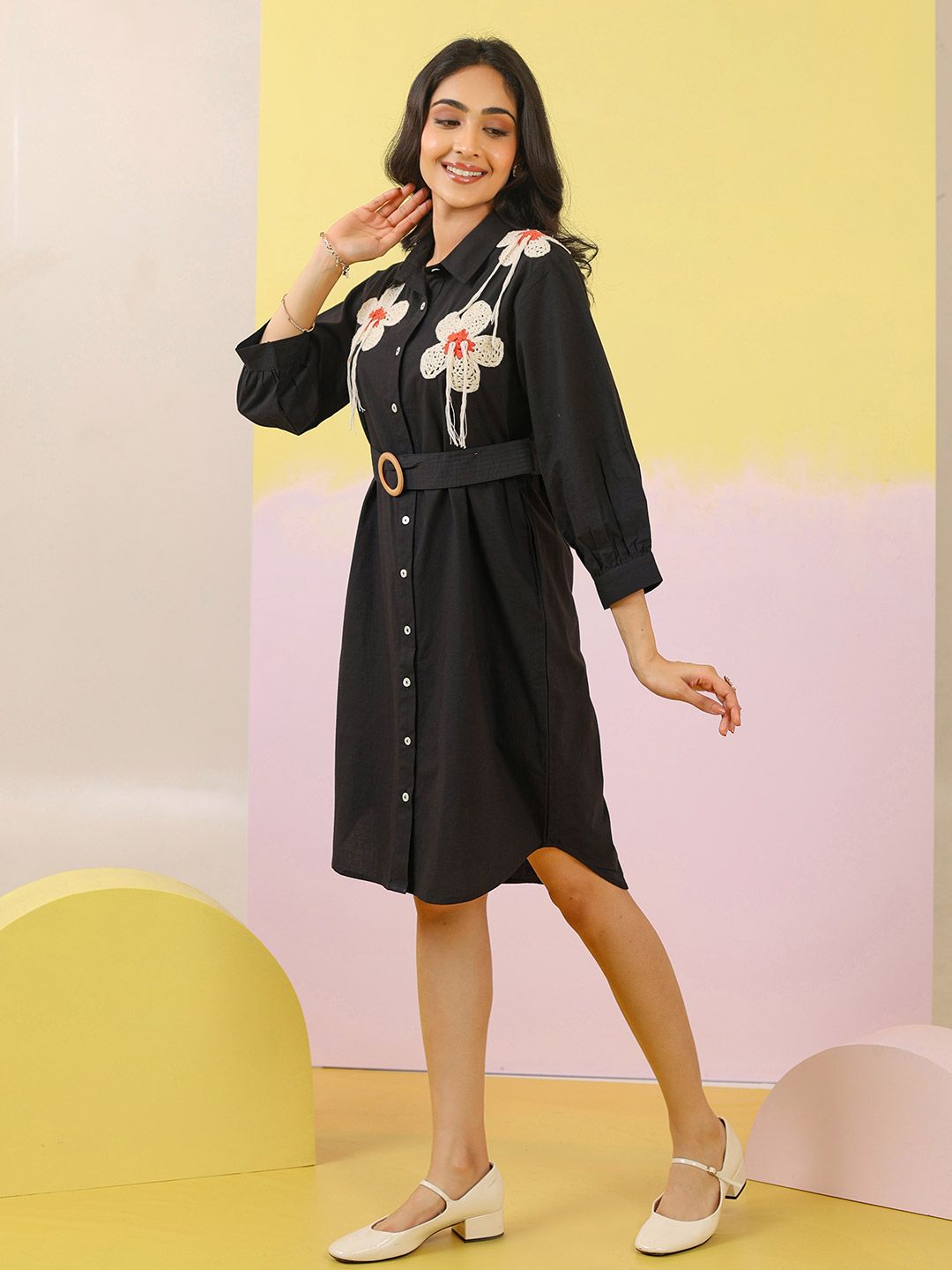 Buy ZUMMER Floral Embroidered Applique Detail Cotton Shirt Dress