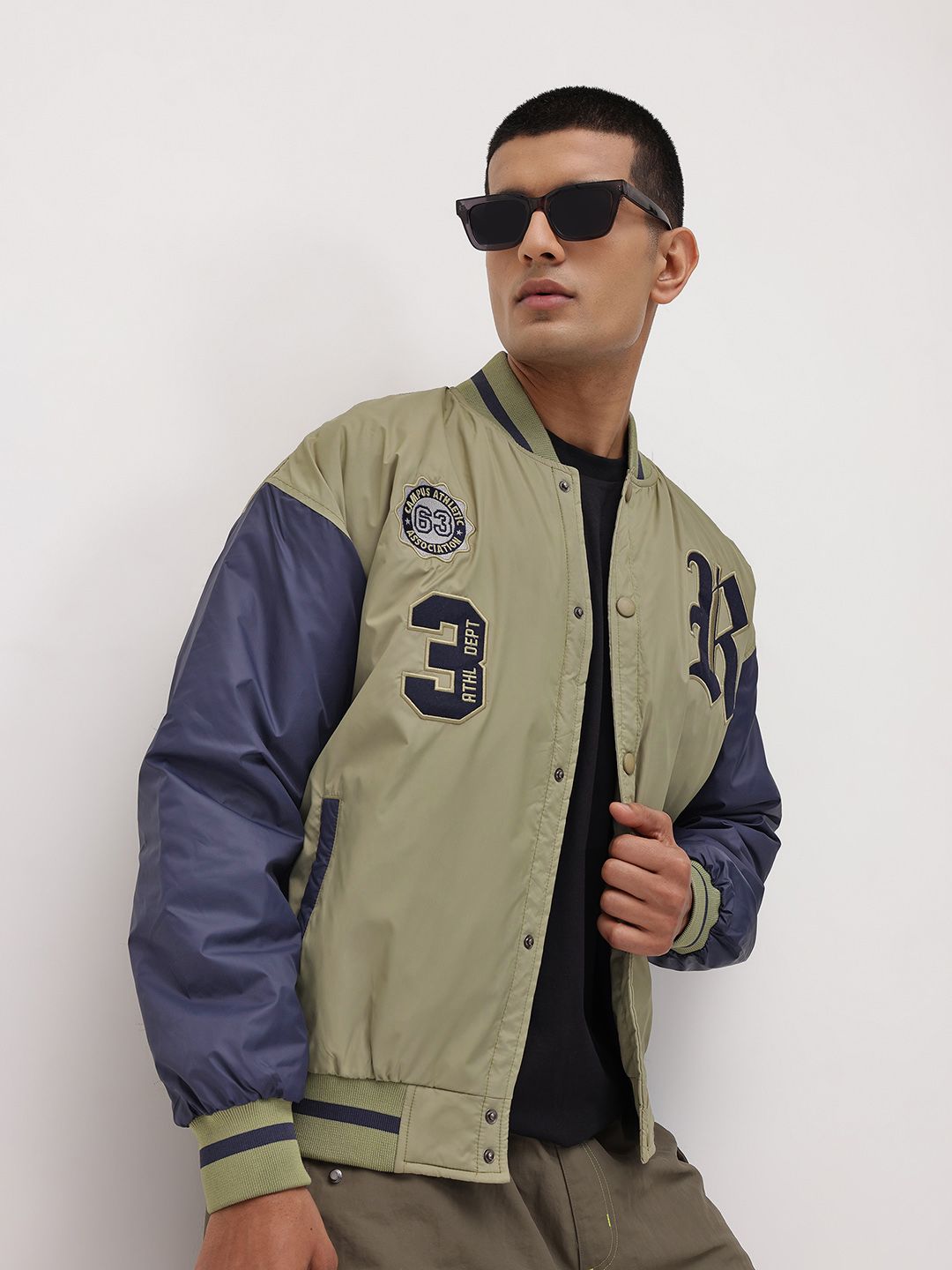The Roadster Life Co. Typography Printed Drop-Shoulder Sleeves Varsity Jacket