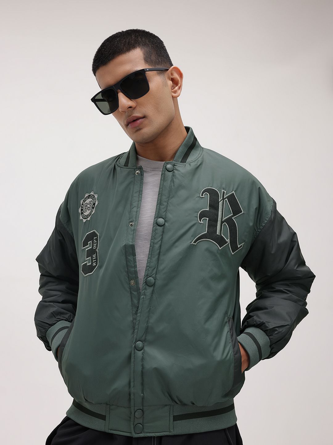 The Roadster Life Co. Typography Printed Drop-Shoulder Sleeves Varsity Jacket