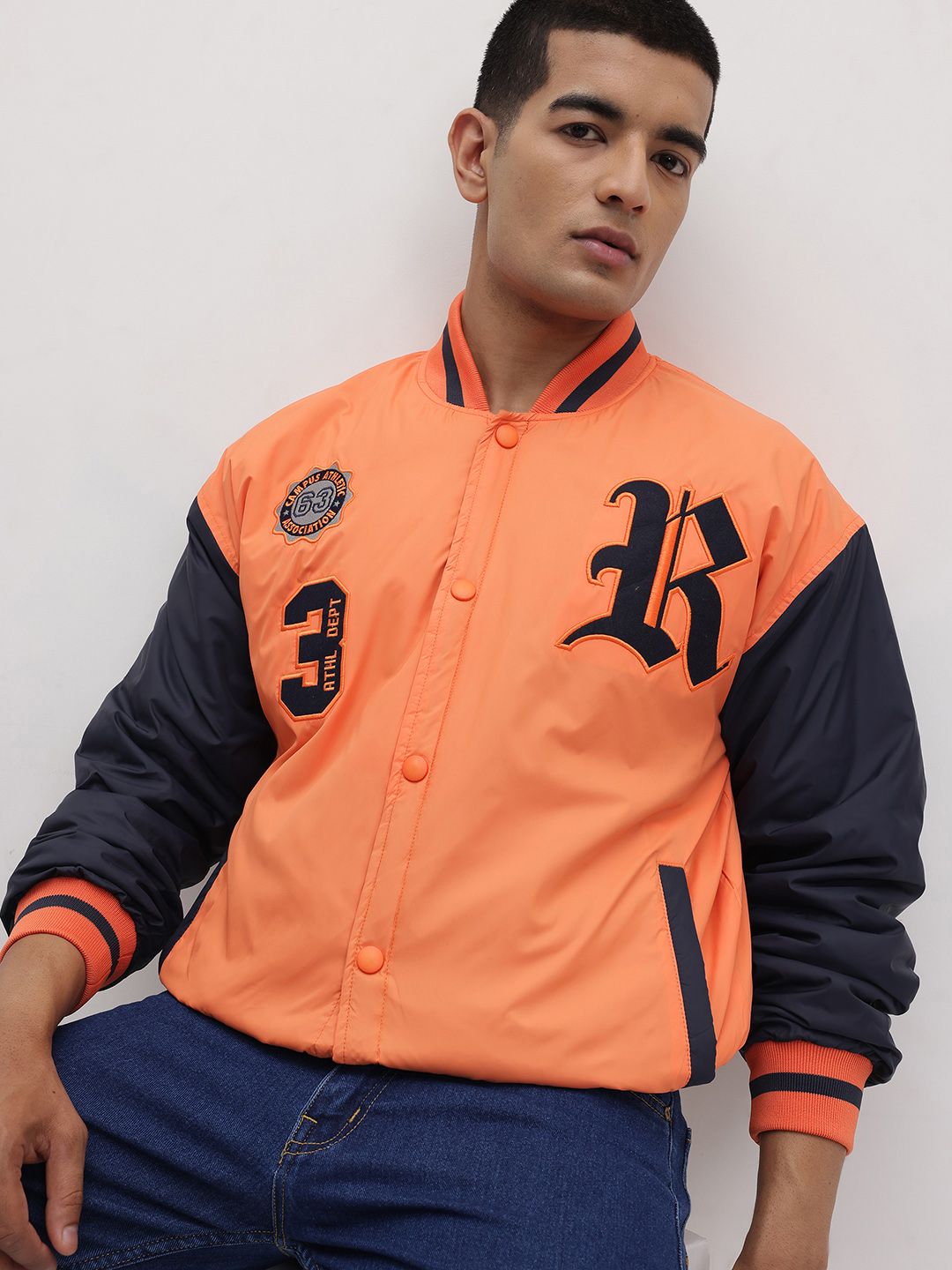 The Roadster Life Co. Typography Printed Stand Collar Varsity Jacket