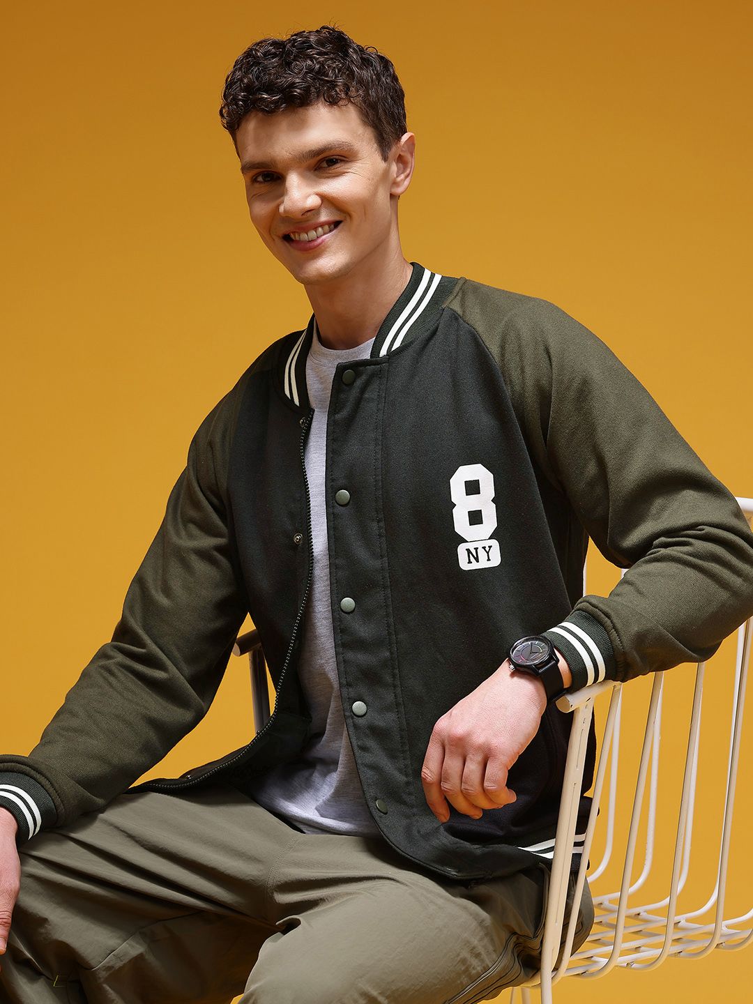 HERE&NOW Typography Printed Pure Cotton Stand Collar Varsity Jacket