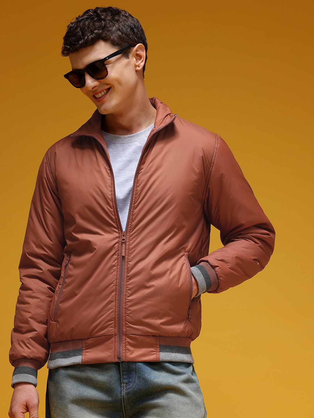 HERE&NOW Mock Collar Regular Fit Bomber Jacket