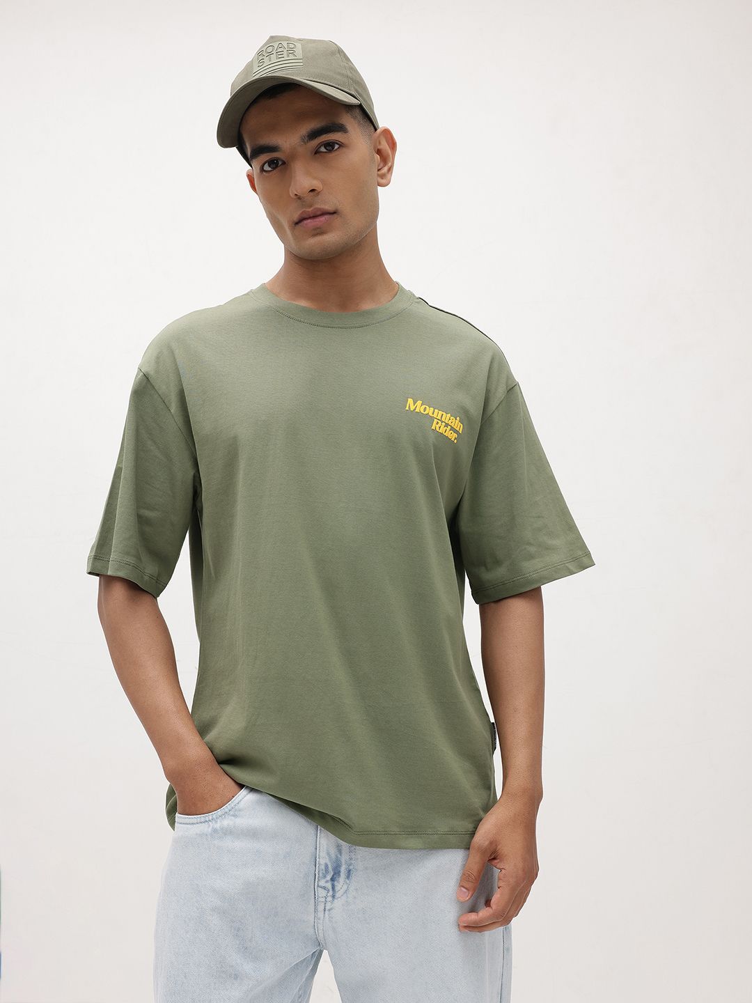 The Roadster Life Co Printed Drop-Shoulder Sleeves Pure Cotton Relaxed Fit T-shirt