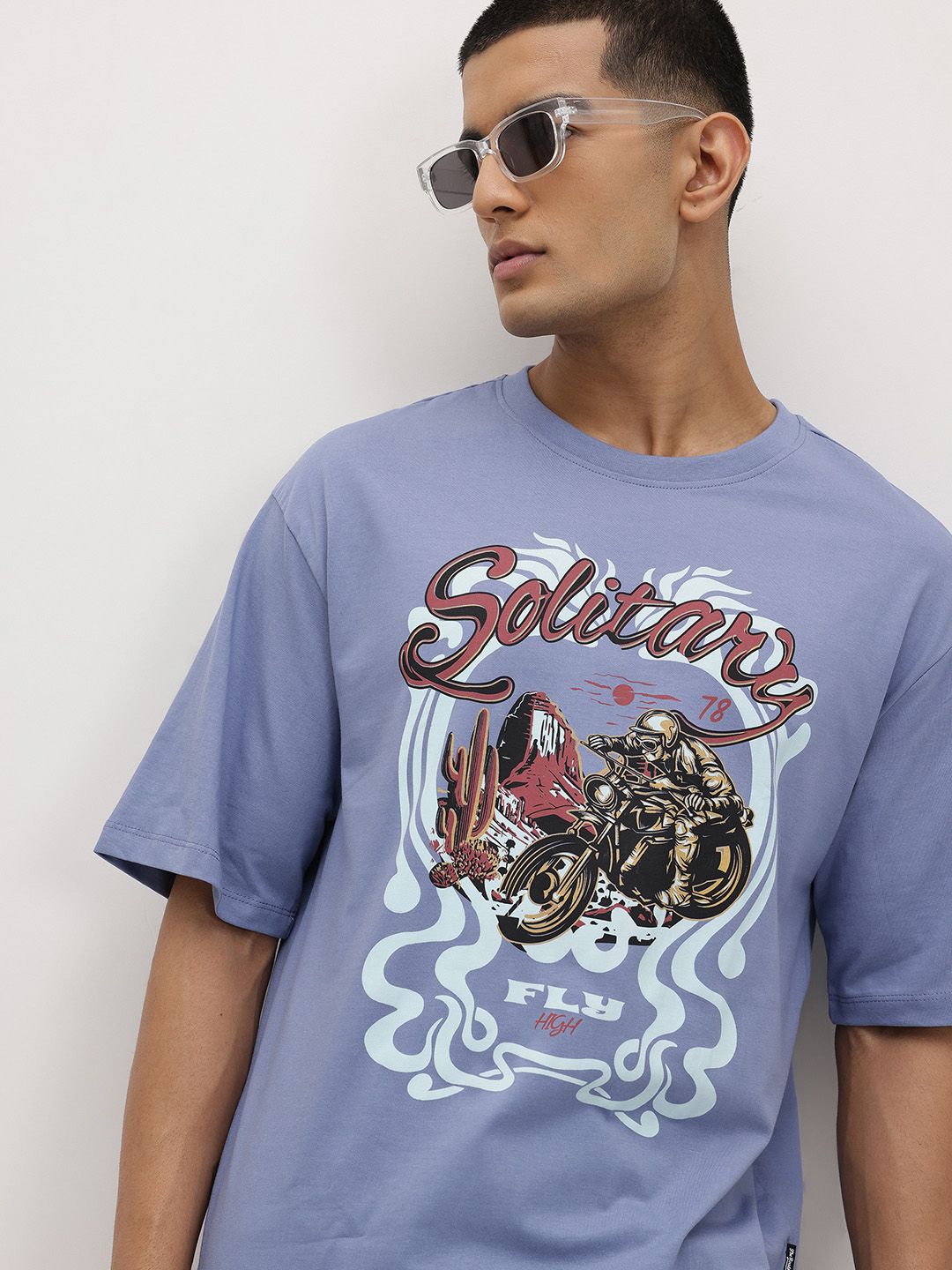 The Roadster Life Co. Graphic & Typography Print Drop-Sleeves Pure Cotton Relaxed T-shirt