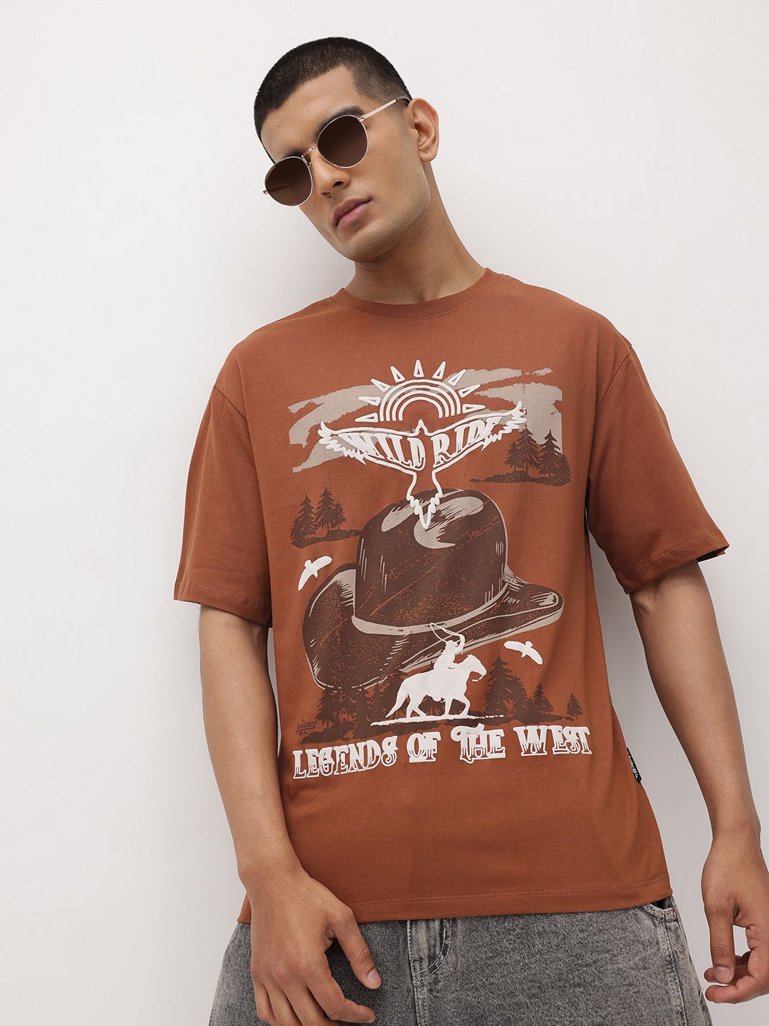 The Roadster Life Co Printed Drop-Shoulder Sleeves Pure Cotton T-shirt
