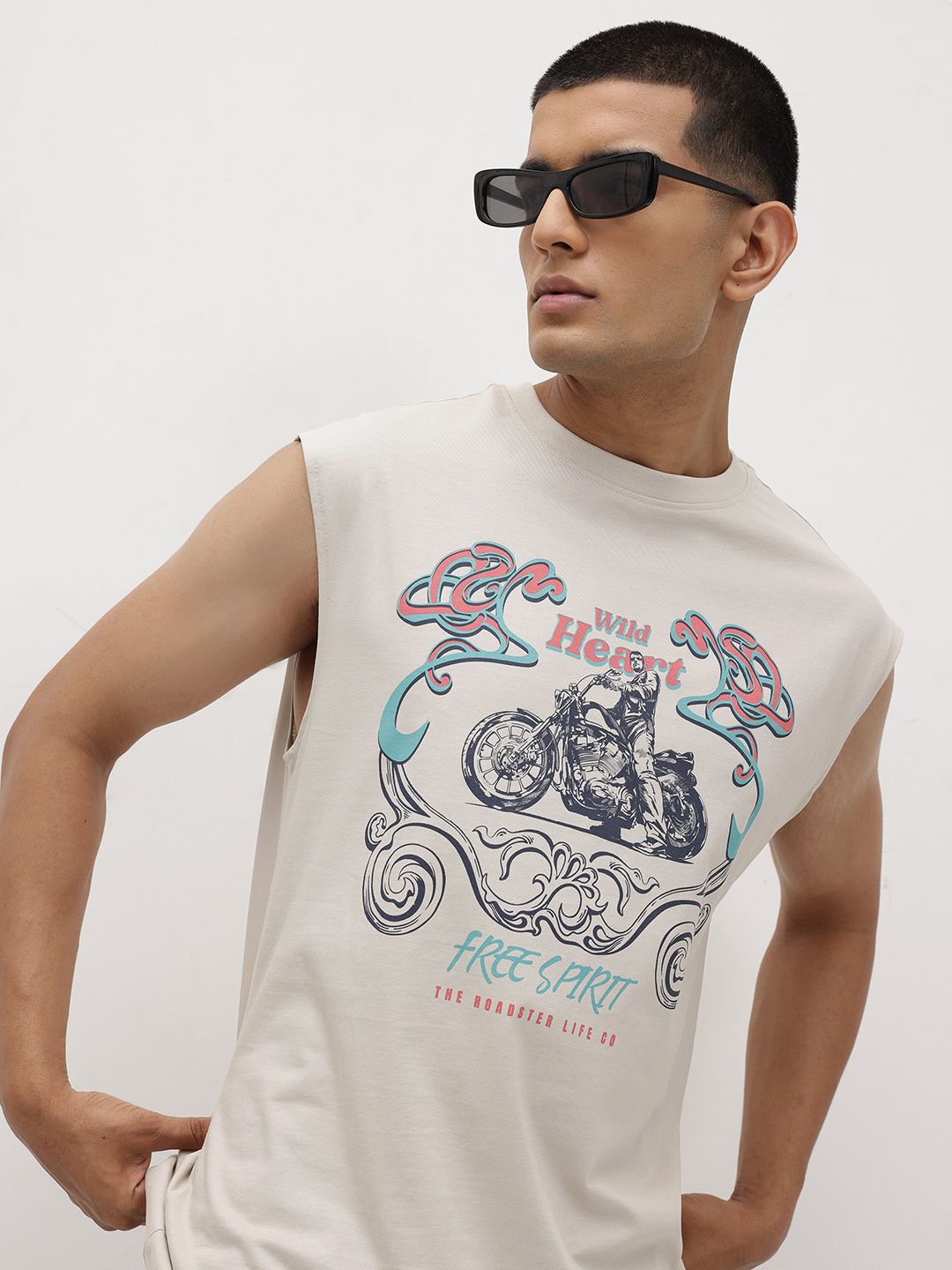 The Roadster Life Co. Graphic & Typography Print Drop-Sleeves Pure Cotton Relaxed T-shirt