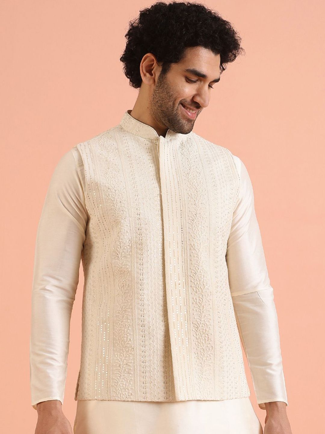 KISAH Embroidered Mandarin Collar Chikankari Nehru Jacket